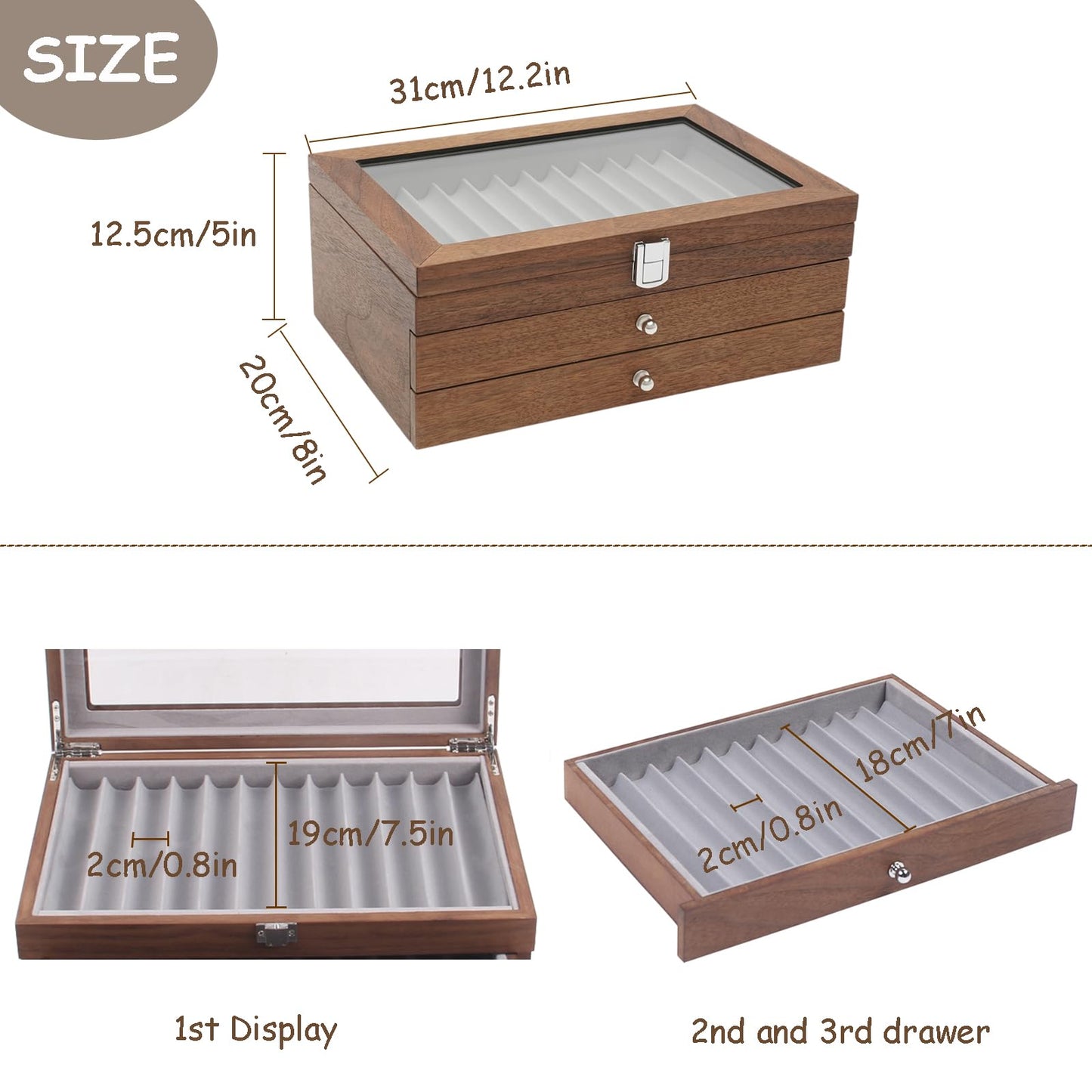WUPYI 3 Layer Wood Pen Display Box 34 Pen Organizer Box,Pen Display Case Storage and Fountain Pen