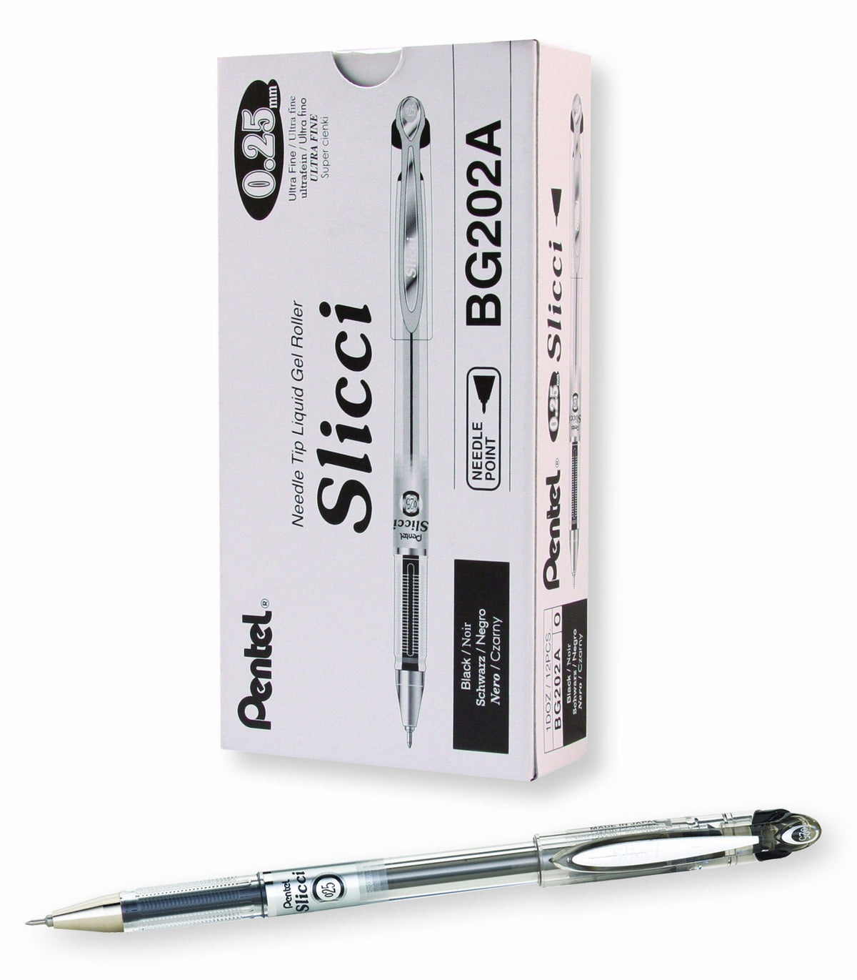 Pentel Arts Slicci Extra Fine Gel Pen, (0.25mm), Black Ink, Box of 12 (BG202-A)