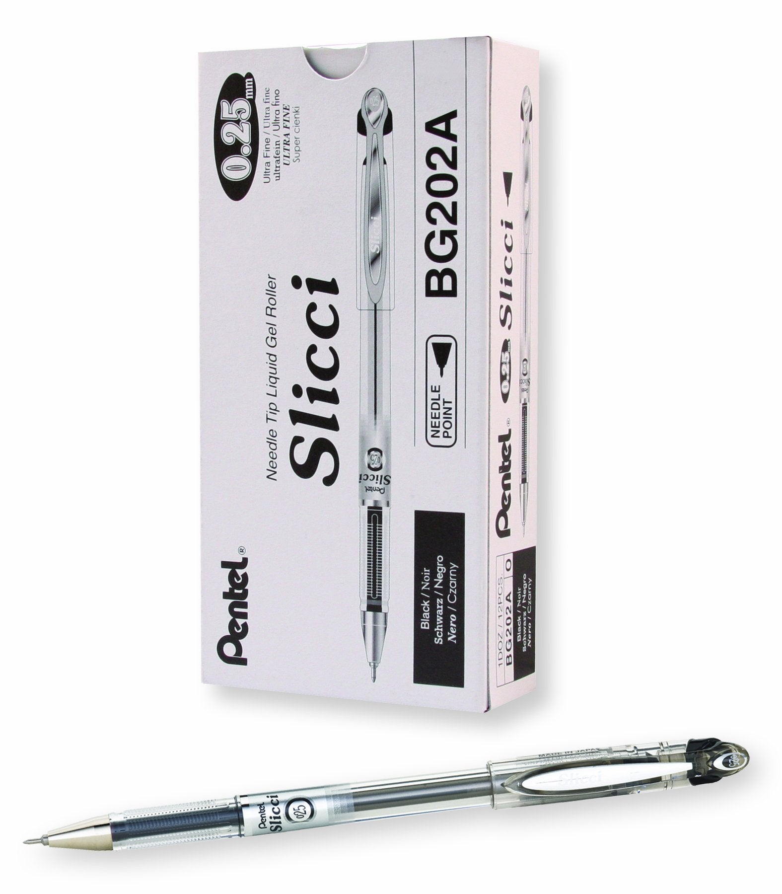 Pentel Arts Slicci Extra Fine Gel Pen, (0.25mm), Black Ink, Box of 12 (BG202-A)