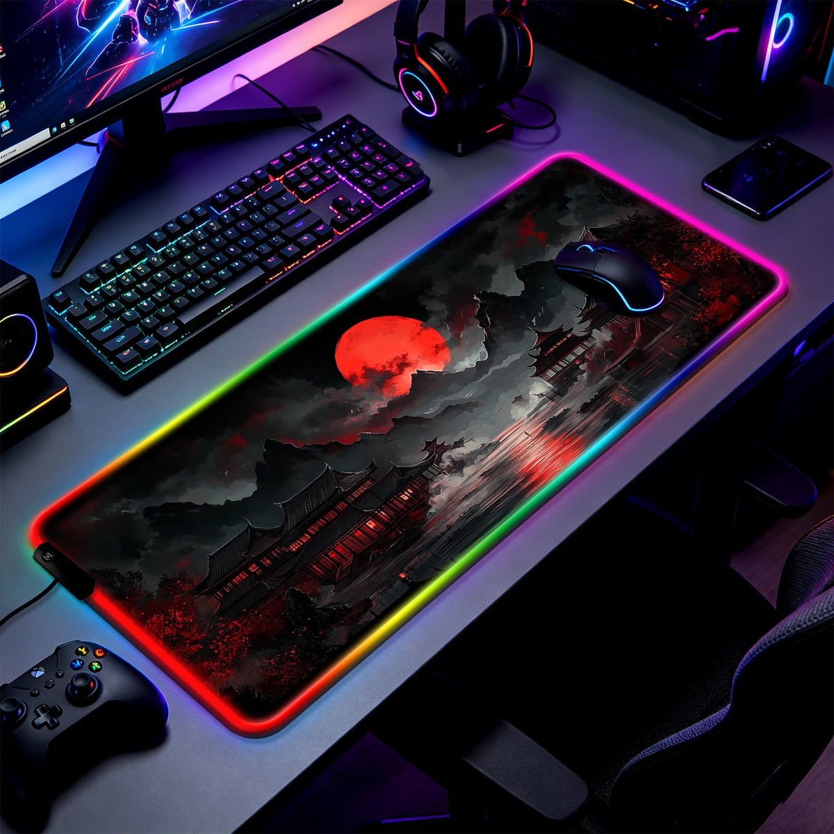 JIANG100 RGB Moonlit Japanese Lake Scene Gaming Desk Mat & Mouse Pad, XL