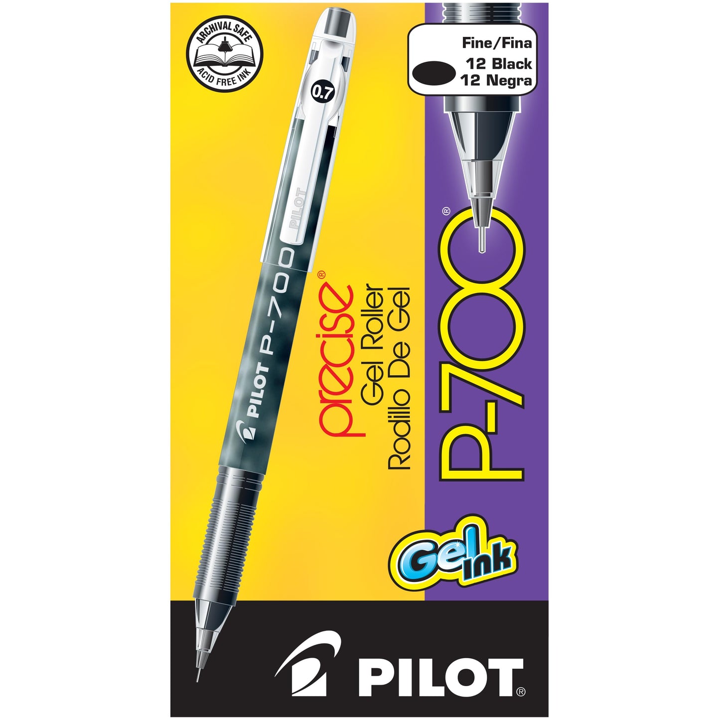 PILOT Precise P-700 Rolling Ball Stick Pens, 0.7mm, Black, 12-Pack
