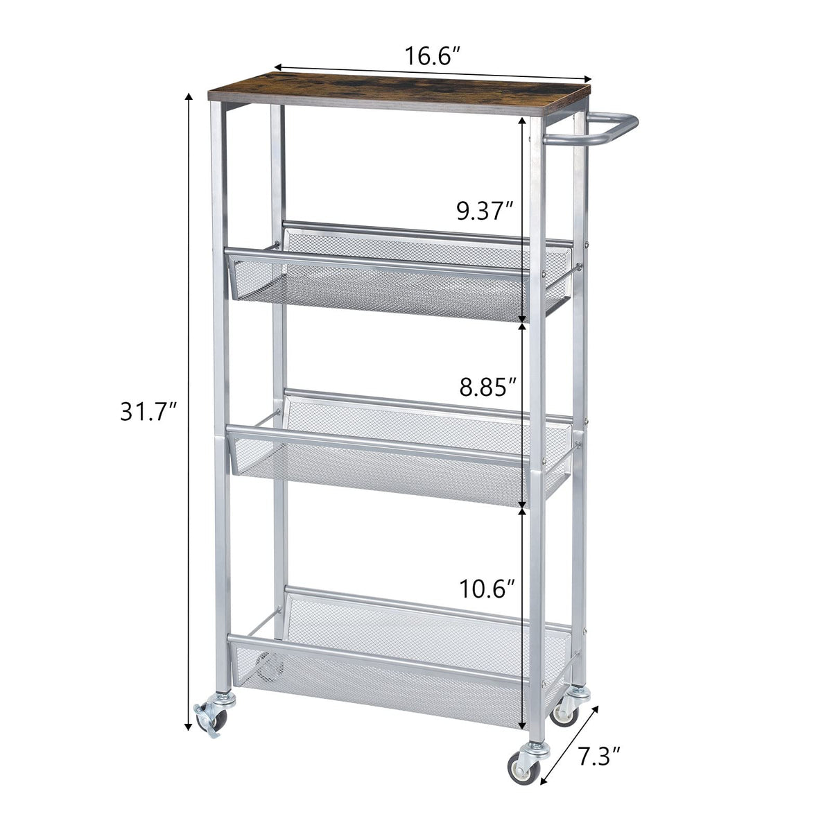 Slim Storage Cart, Metal Narrow Rolling Storage Cart for Kitchen, Silver