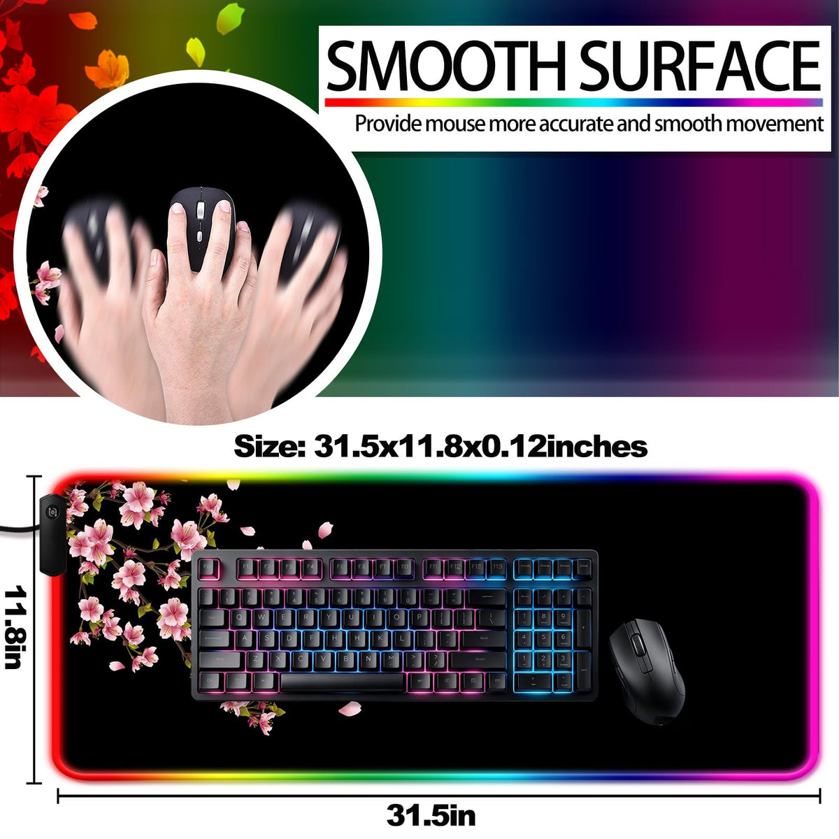 JIANG100 RGB Japanese Cherry Blossom Gaming Desk Mat, Sakura XL Mouse Pad