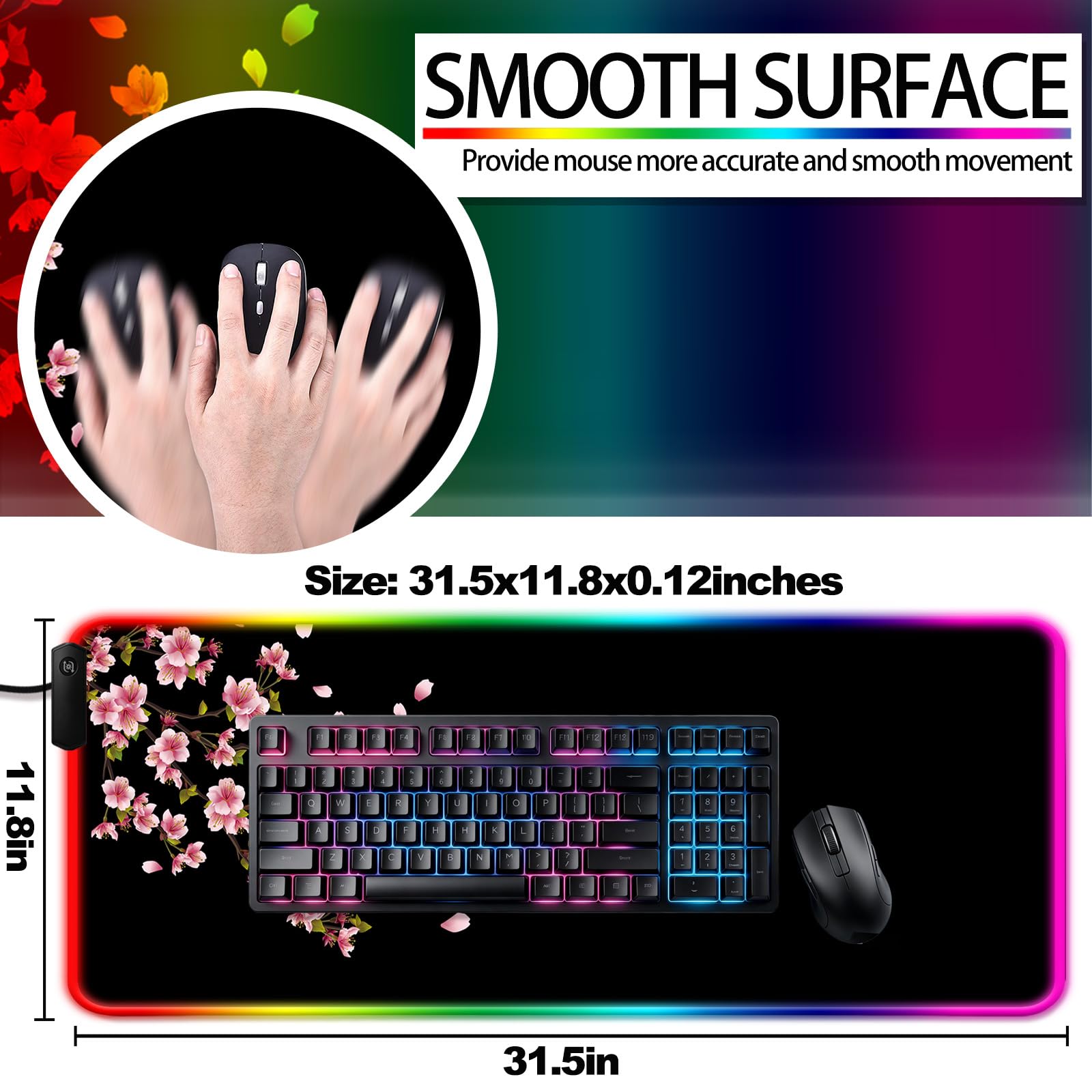 JIANG100 RGB Japanese Cherry Blossom Gaming Desk Mat, Sakura XL Mouse Pad