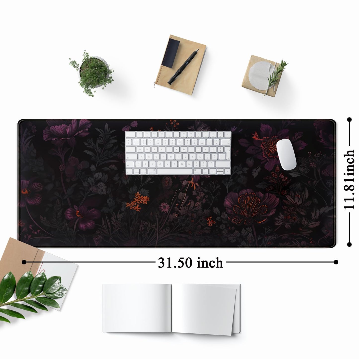 Dark Cottagecore Desk Mat Black Purple Flower XL Mouse Pad Large Gaming Mousepad Extended Vintage