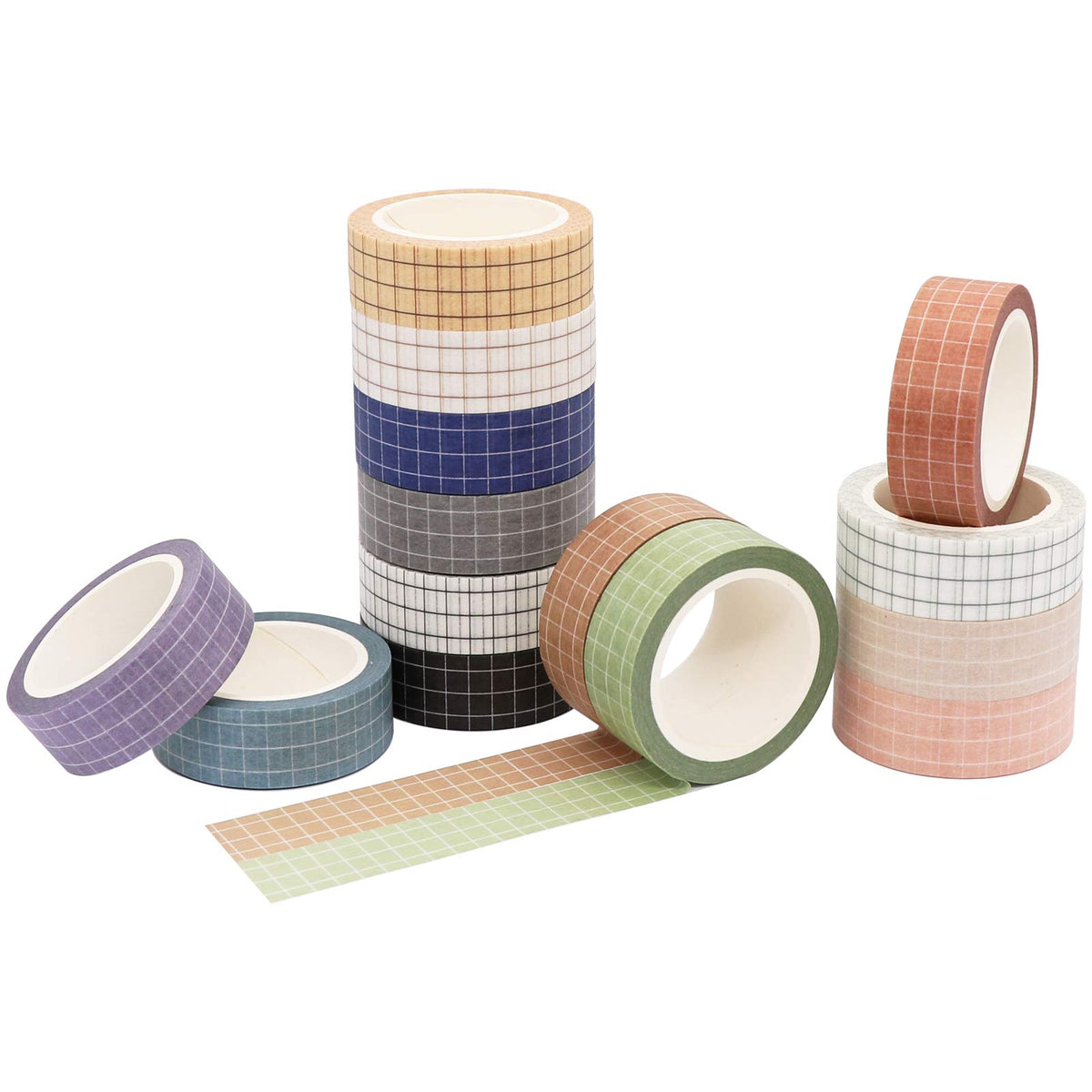 Knaid Grid Washi Tape Set, 14 Rolls of 15 mm Wide Decorative Colored Masking Tapes for