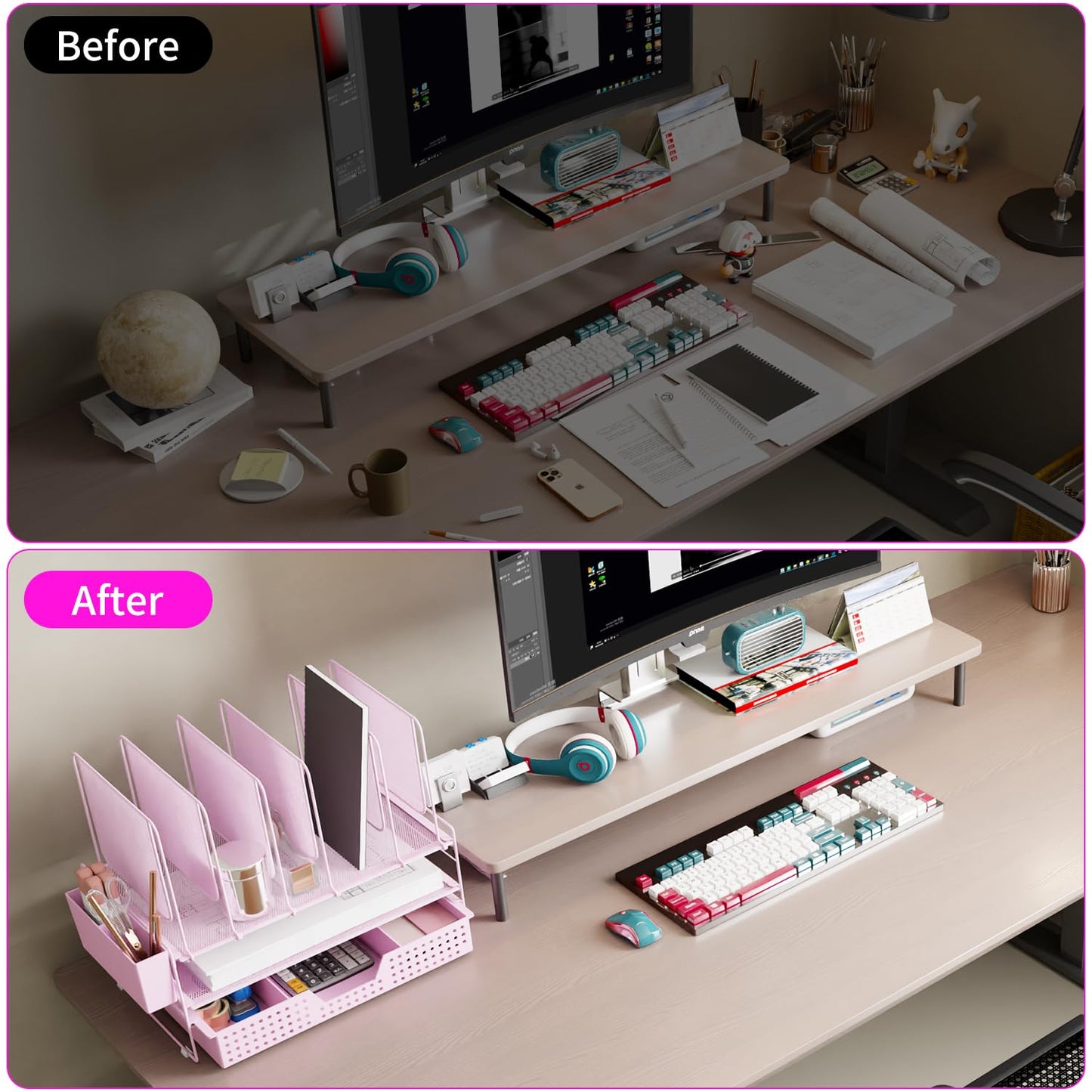 LEKETREE Pink Desk Organizer, Office Organization with Vertical File Holder, File Organizer with