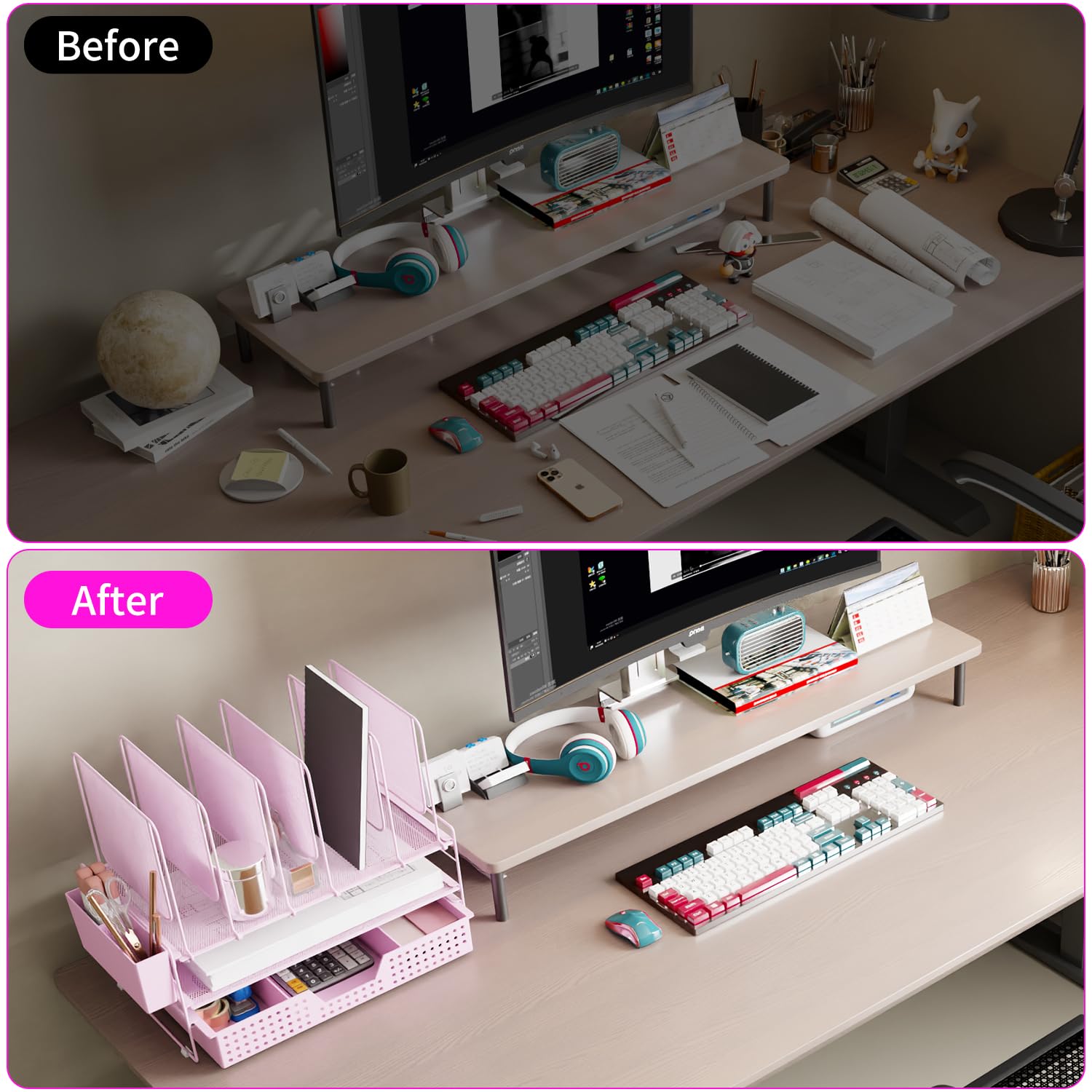 LEKETREE Pink Desk Organizer, Office Organization with Vertical File Holder, File Organizer with