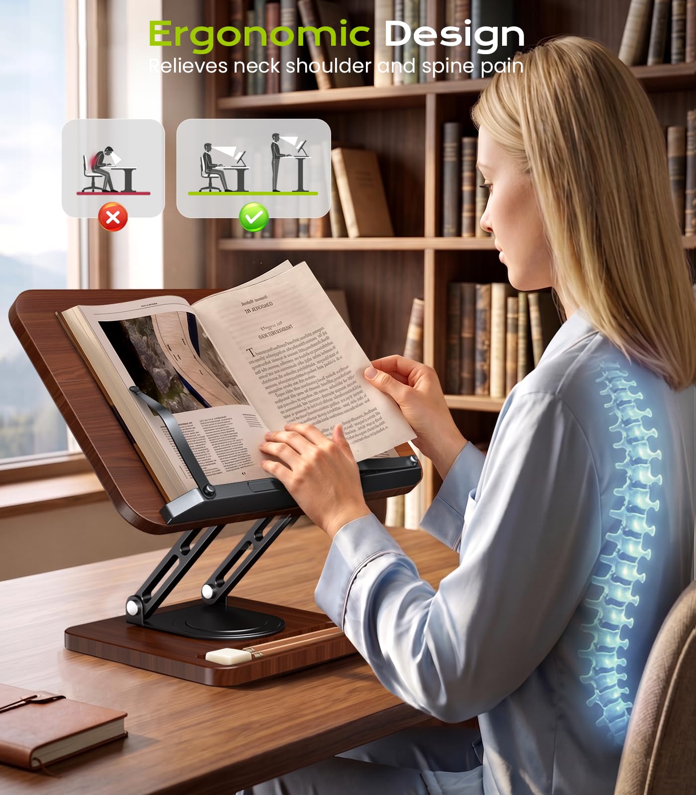 LOXP Book Stand with Storage, 360° Rotating Cookbook Stand, Ergonomic