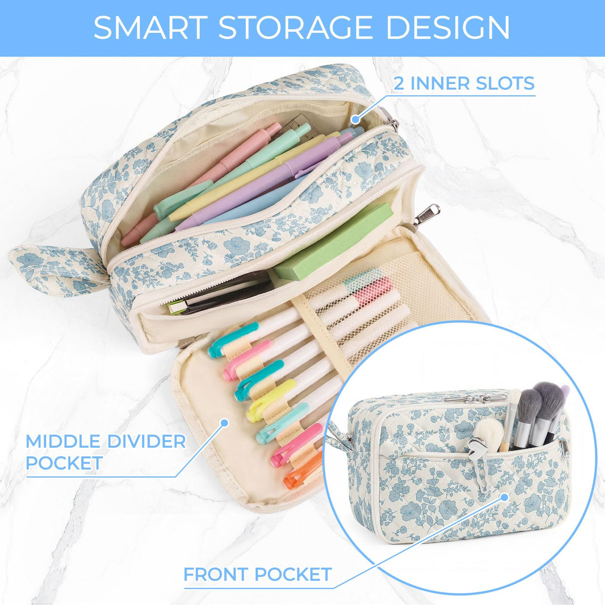WOBAGMEN Quilted Pencil Pouch for Girls Women, Large Pencil Case Pouch with Compartments Cute