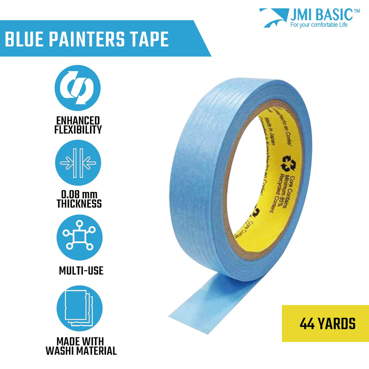 Blue Painters Washi Tape Set - 3 Rolls Multi Size Pack - Delicate Surfaces - No Residue Masking