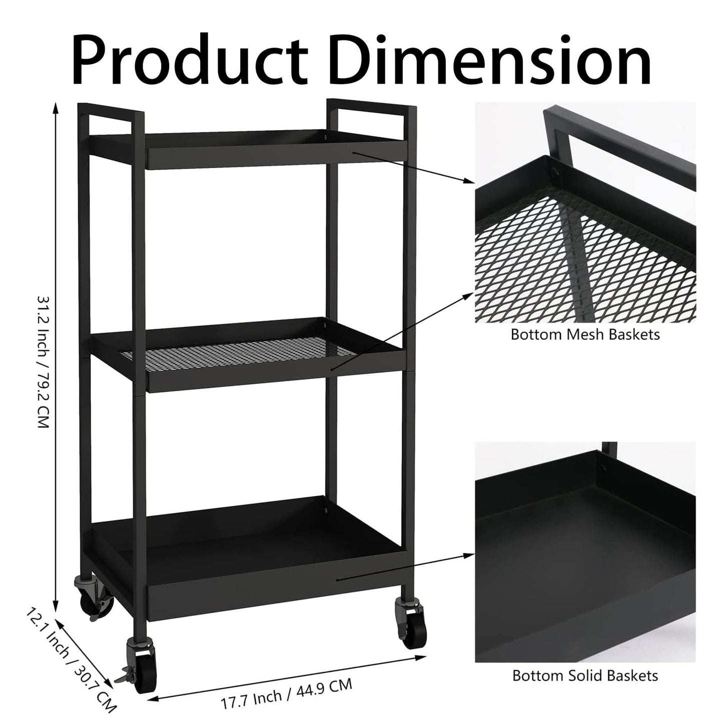 3-Tier Metal Utility Rolling Cart, Heavy Duty Multifunction Rectangular Cart with Lockable Casters