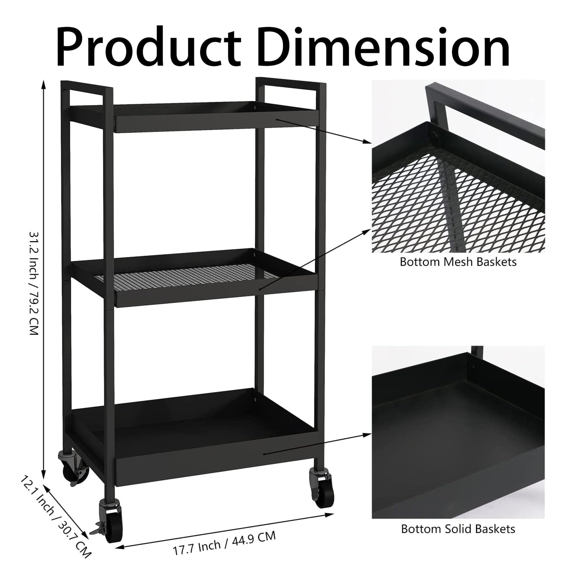 3-Tier Metal Utility Rolling Cart, Heavy Duty Multifunction Rectangular Cart with Lockable Casters