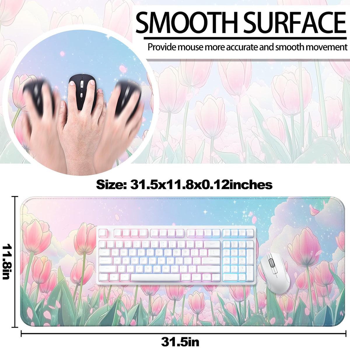 JIANG100 Pink Tulips Gaming Desk Mat, Flower Extended Mouse Pad, XL