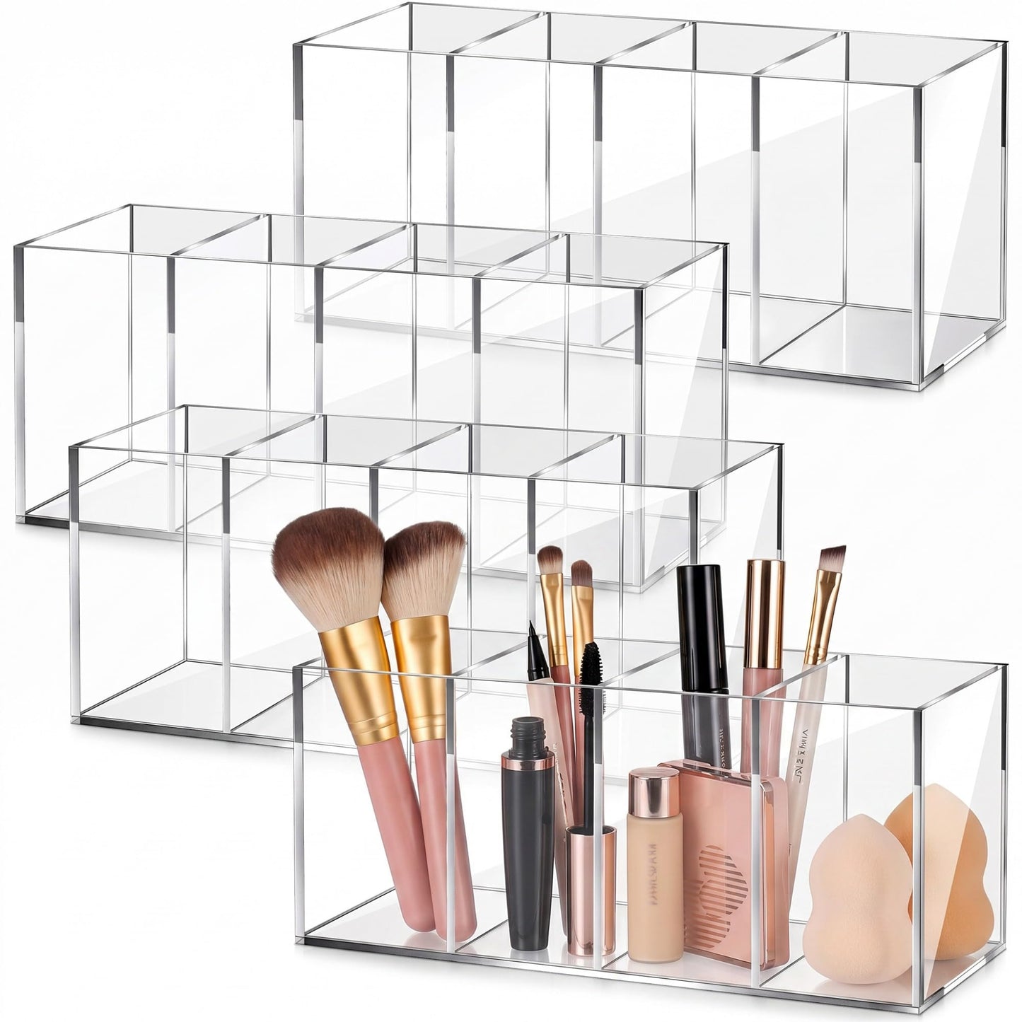 Pajean 4 Pack Clear Acrylic Pencil Holders, 4 Compartment Desk Organizer