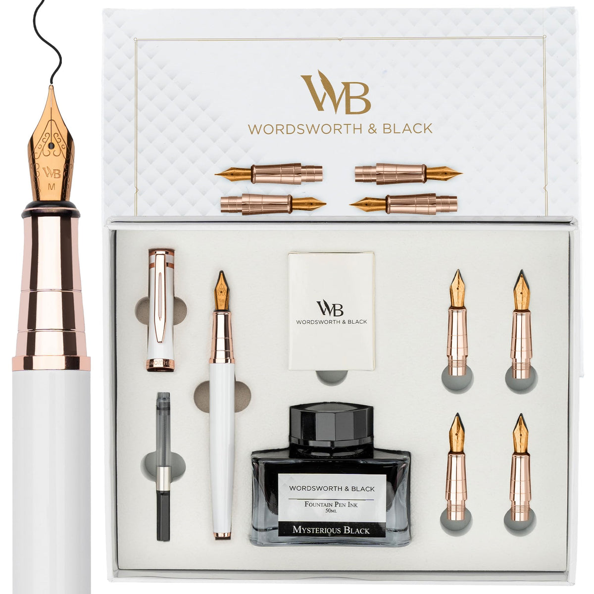 Wordsworth & Black Luxury Fountain Pen Set for Writing, 6 Nibs, White Rose