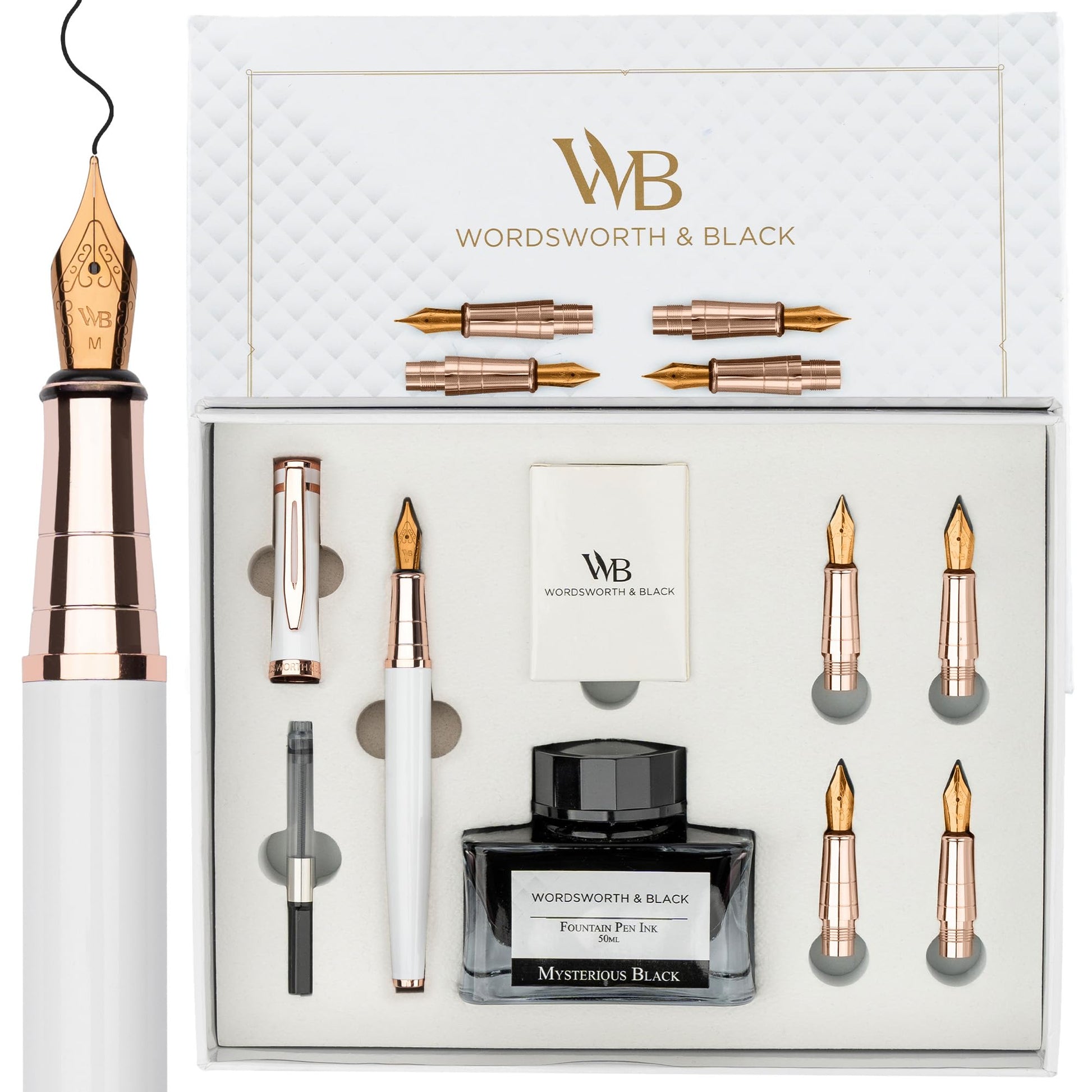Wordsworth & Black Luxury Fountain Pen Set for Writing, 6 Nibs, White Rose