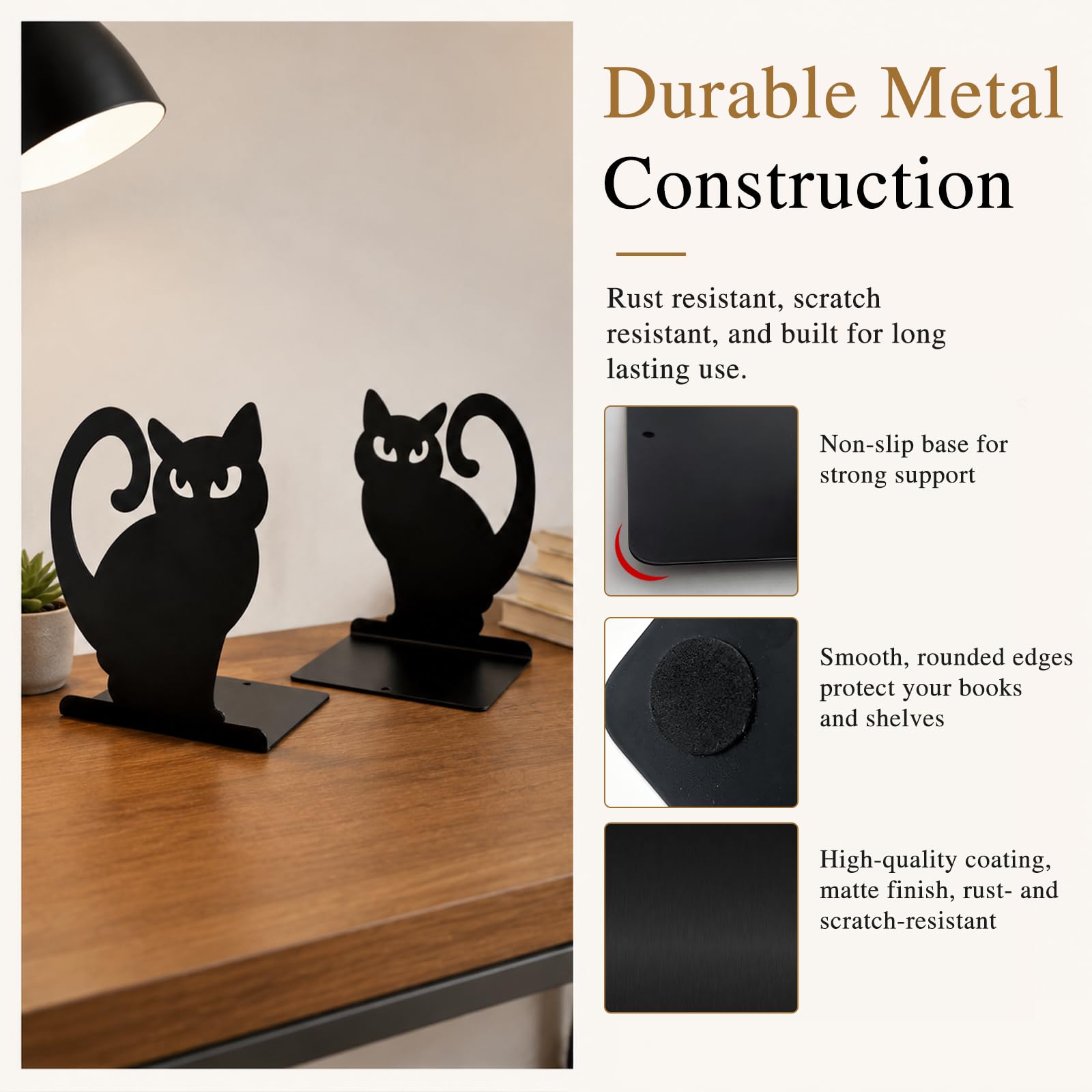 Black Cat Metal Bookends Set of 4 for Shelves, Decorative Book Ends Heavy Duty Non Slip Book Holder