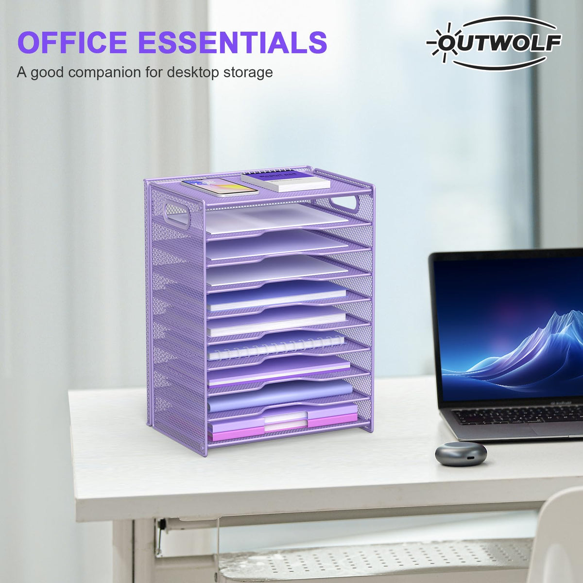 OUTWOLF 10 Tier Paper Organizer - Letter Tray Mesh Desk File Organizer with Handles for Office