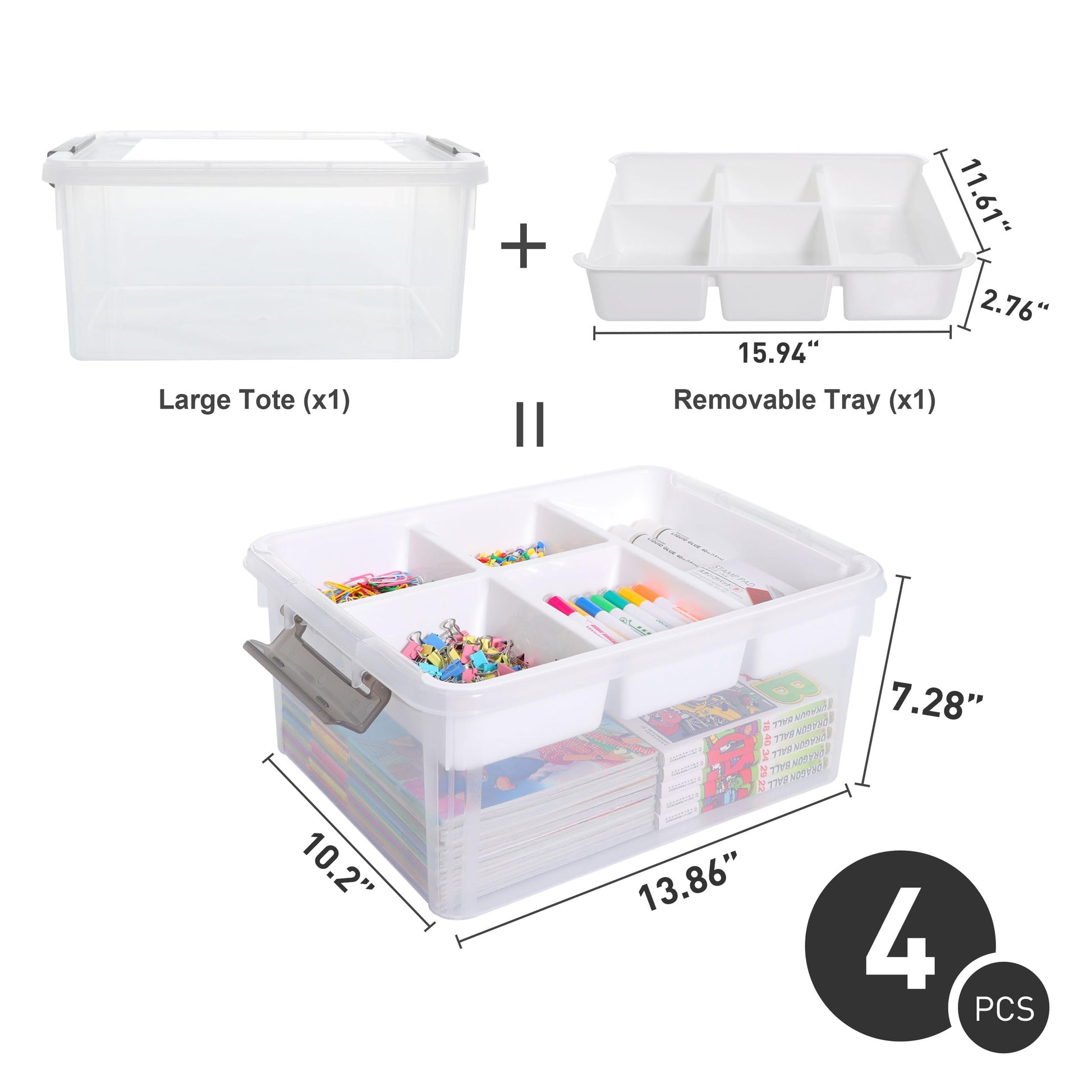 Citylife 17QT 4Packs Clear Craft Organizers and Storage Box with Tray