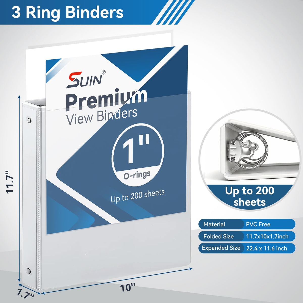SUIN 1-inch 3 Ring Binder with 2 Pockets, Clear Customizable View Binders for US Letter Size 8.5''