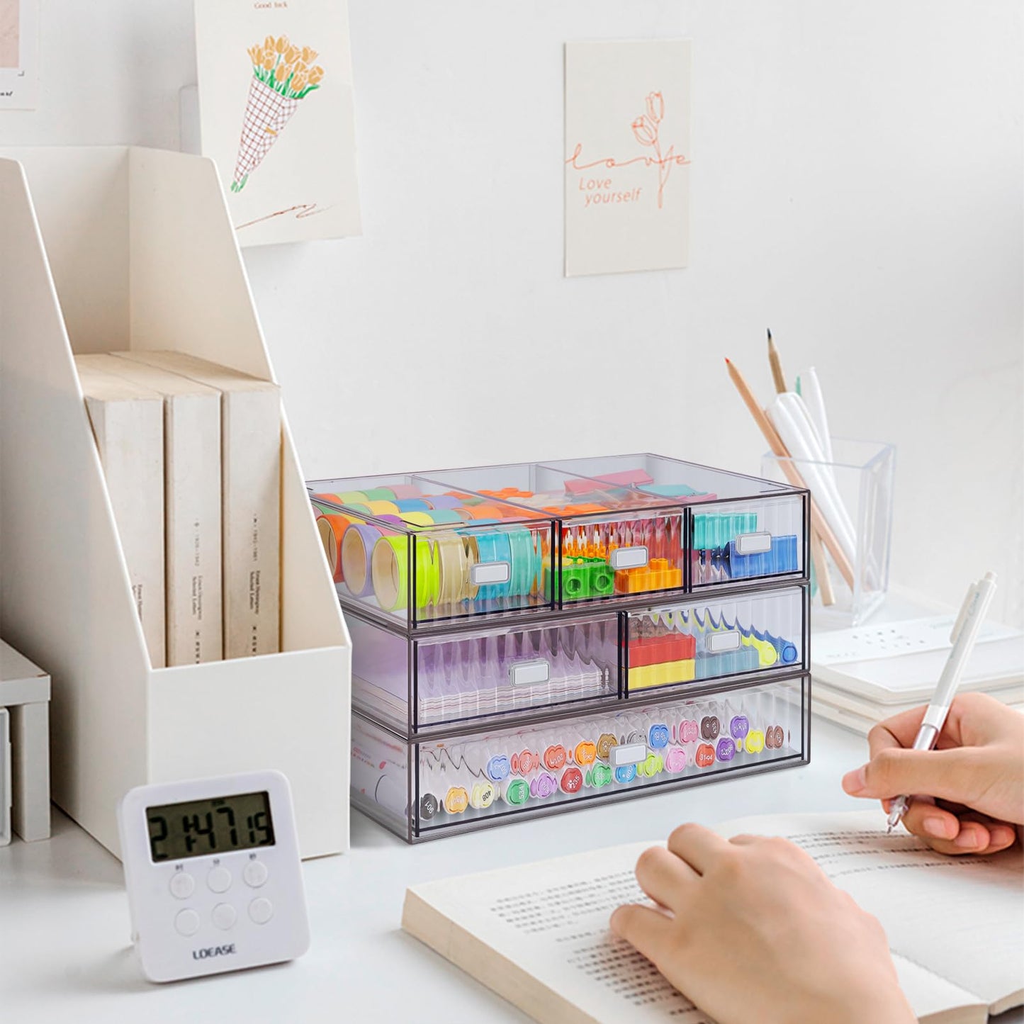 3 Tier Stackable Desk Organizer with 6 Drawers, YOCOMEY Plastic Desktop Storage Box Drawers