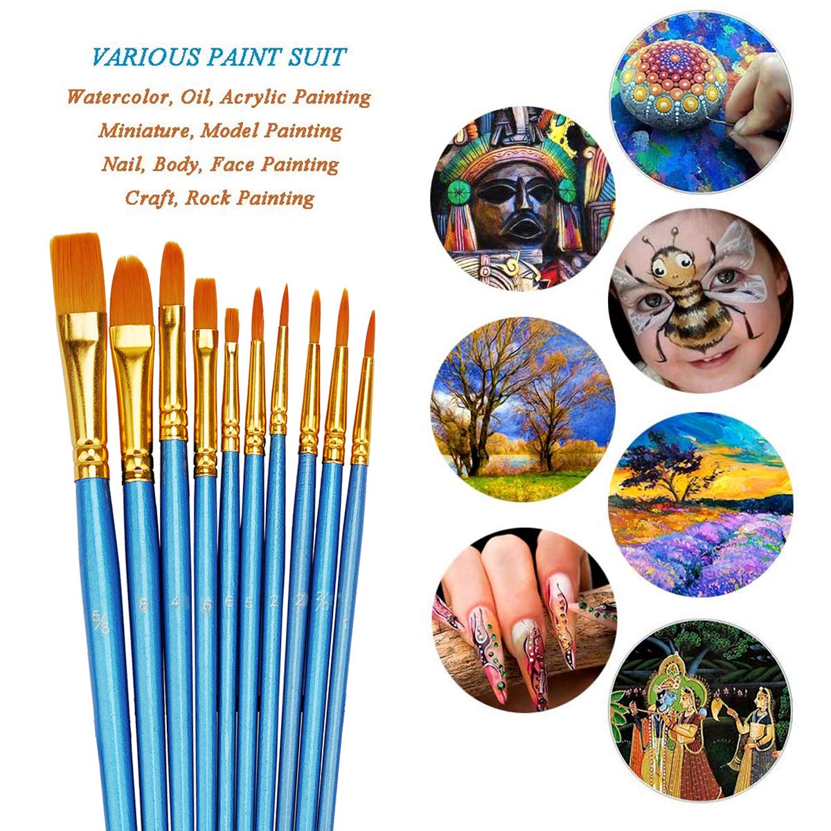 BOSOBO Paint Brush Sets, 6 Pack 60 Pcs Pointed-Round Tip Paintbrushes Nylon Hair Artist Acrylic