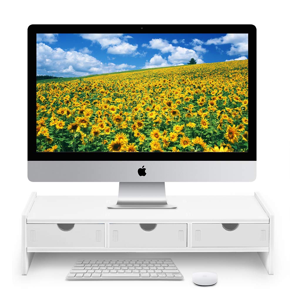 valen Monitor Stand Riser, Computer Laptop Riser Shelf with 3 Organizer Drawers (White, 19.5" L x