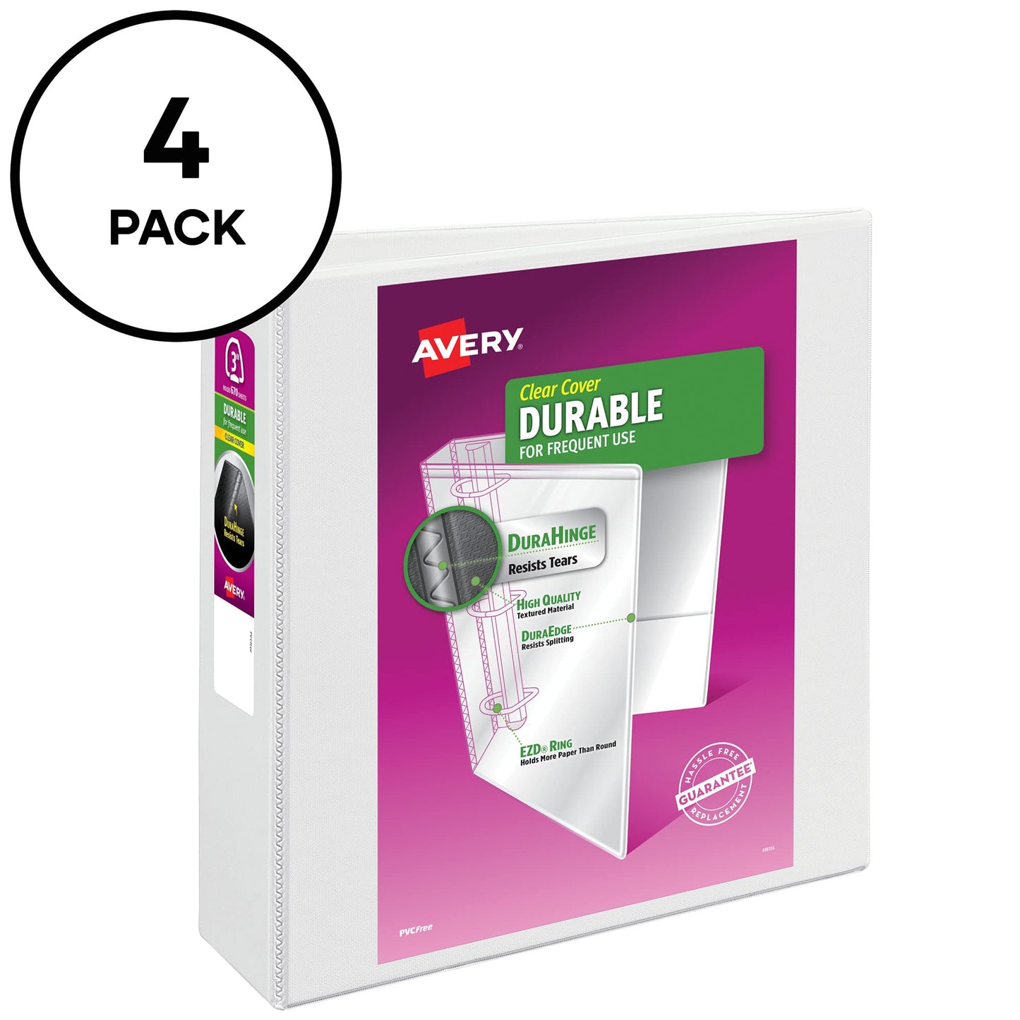 Avery® Durable View 3 Ring Binders, 3" EZD® Rings, 4 White Binders