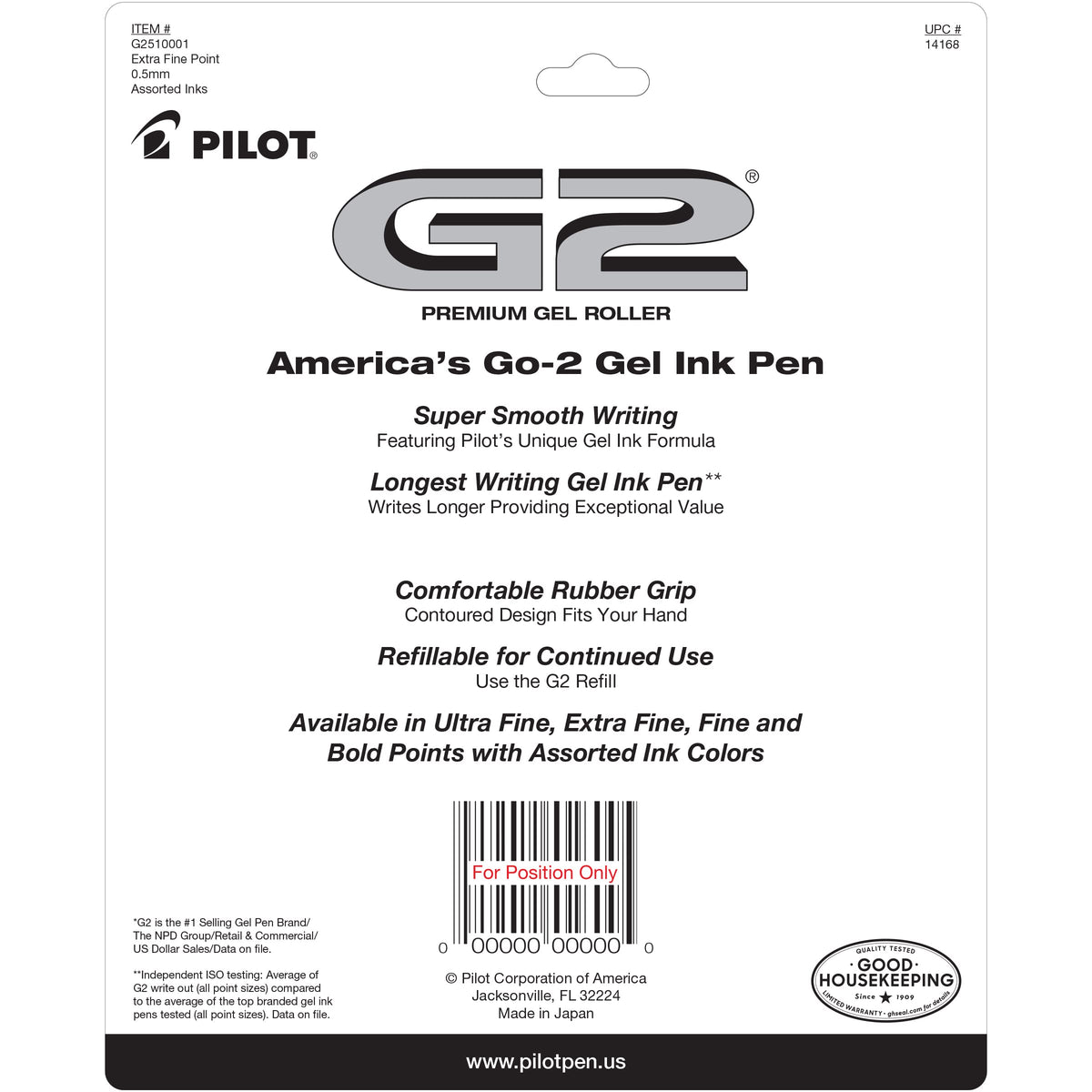 Pilot G2 Premium Retractable Gel-Ink Rolling Ball Pens, Extra Fine Point (0.5mm), Assorted, 10/Pk
