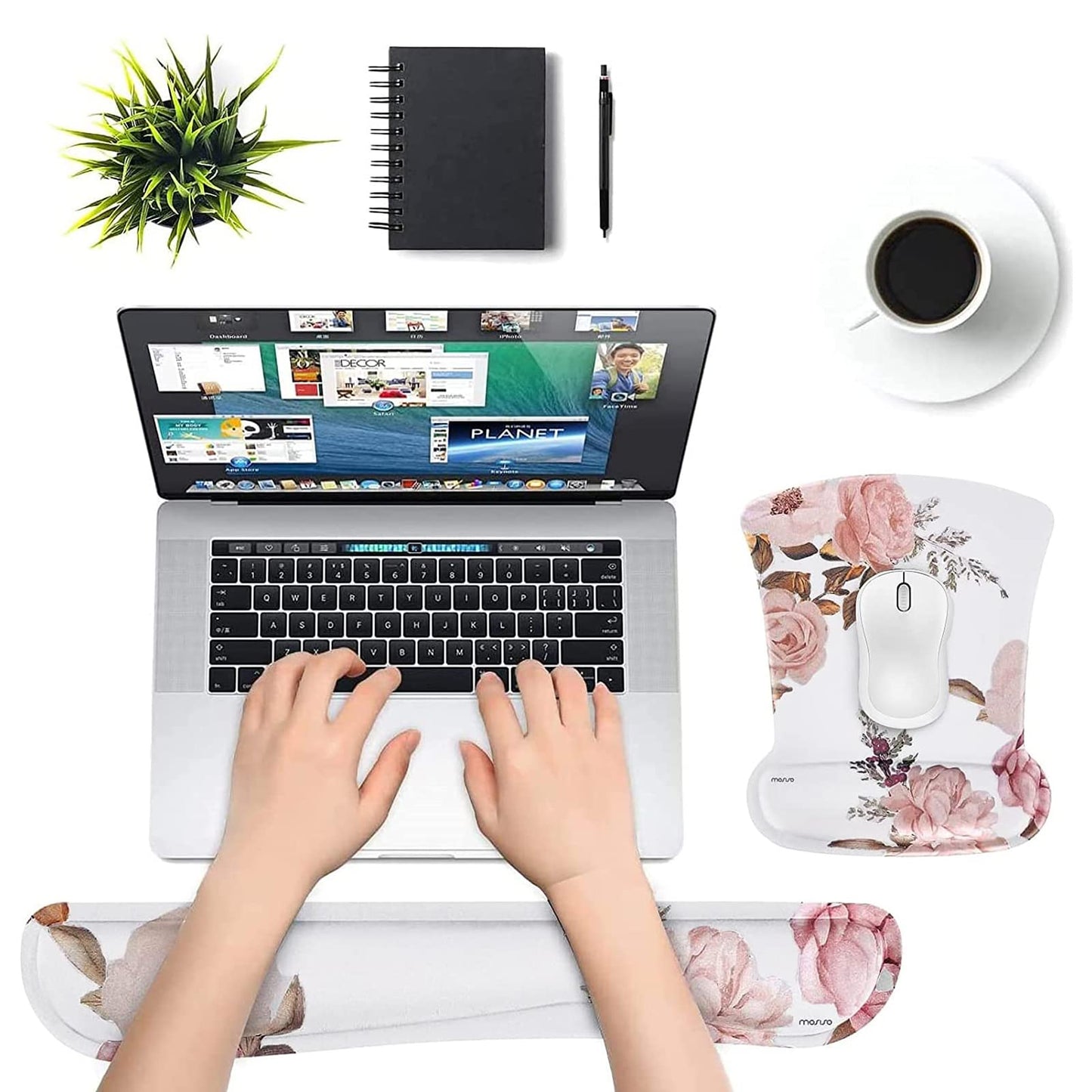 MOSISO Peony Wrist Rest Support for Mouse Pad & Keyboard Set, White