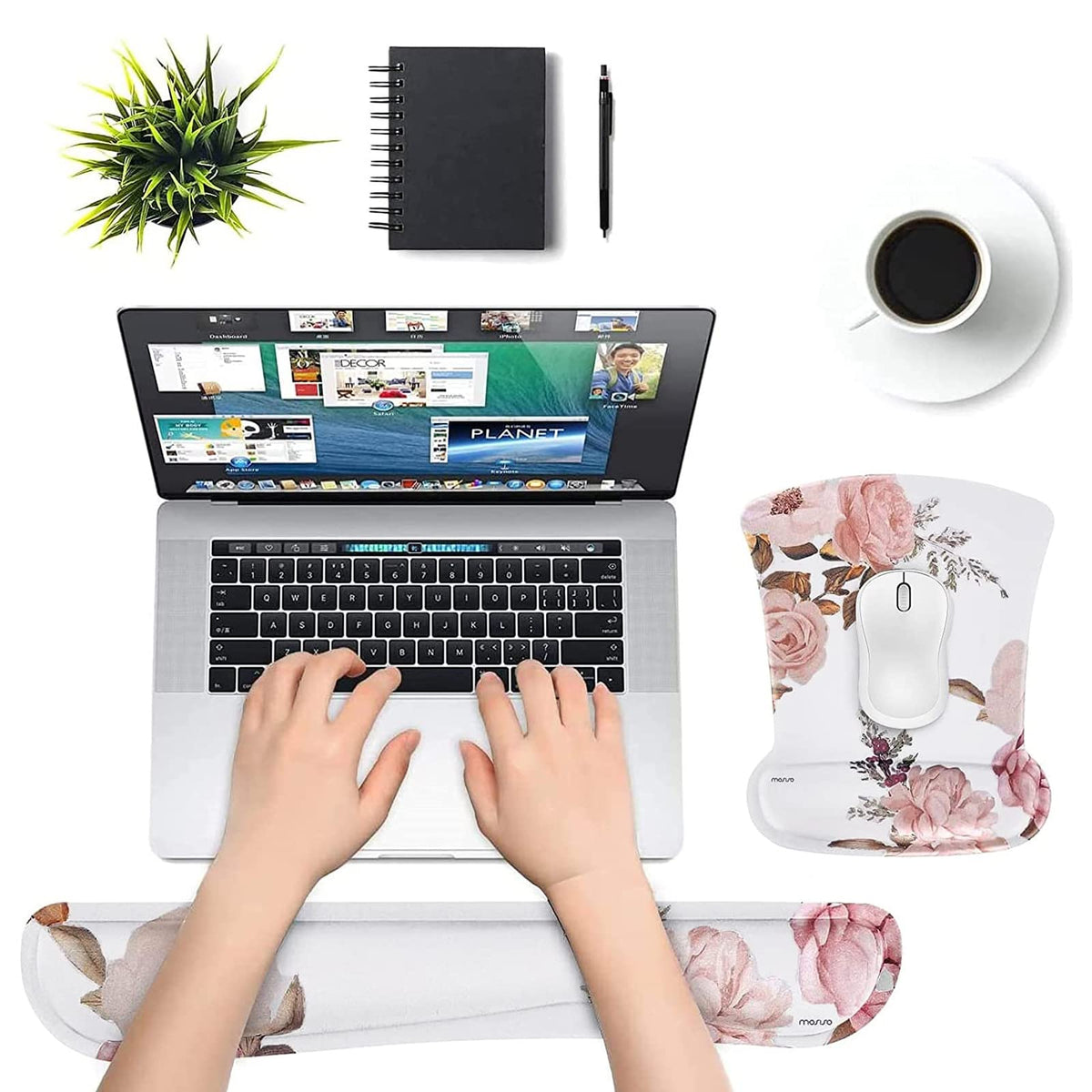 MOSISO Peony Wrist Rest Support for Mouse Pad & Keyboard Set, White