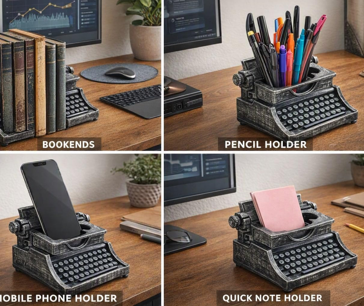Bellaa Typewriter Pencil Holder 32 Pens, Desk Organizer, Hold Cell Phone