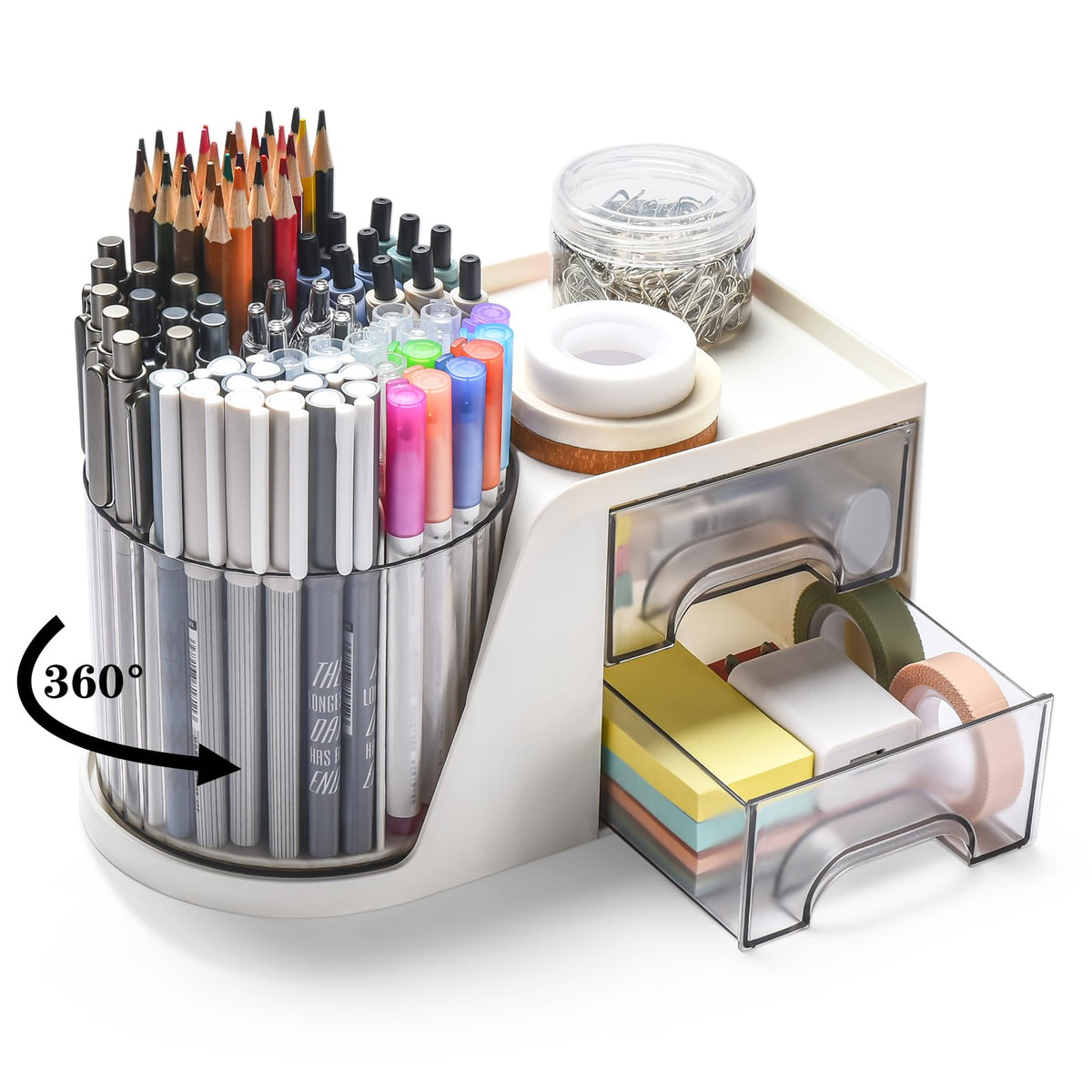 GGIANTGO Rotating Desk Organizer with 2 Drawer, Pencil Pen Holder for Desk, Desk Organizers and