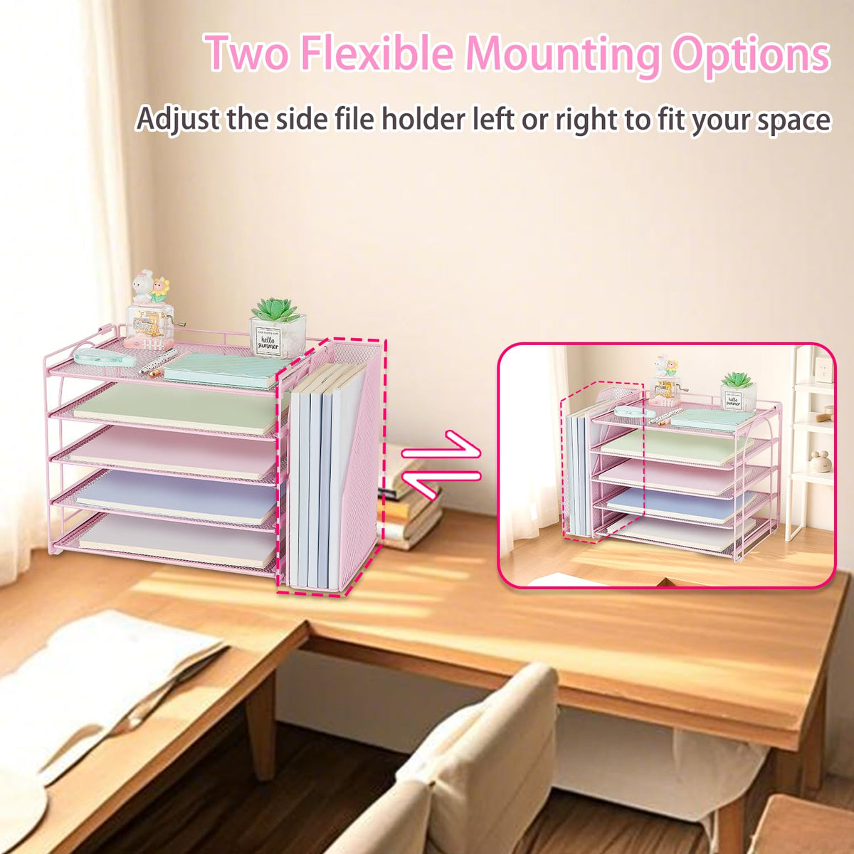 AUPSEN Pink Desk Organizers and Accessories, 5-Tier Desktop Paper File Organizer with Removable