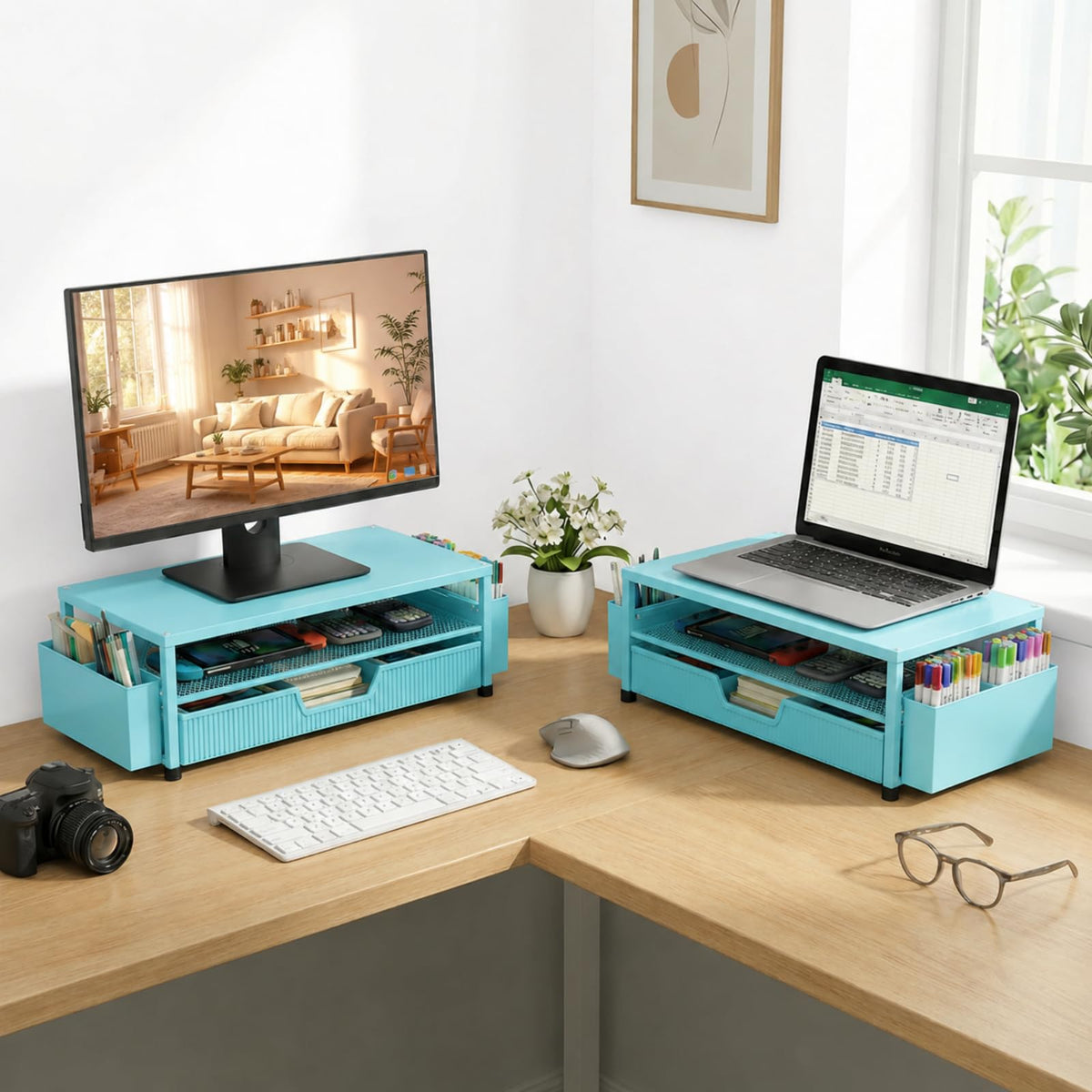 ECOLOVI Desk Organizer and Accessories, 2-Tier Computer Monitor Stand Rise with Storage Drawer & 2