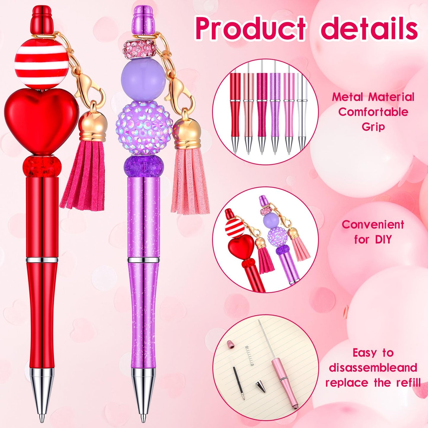 Tinlade 12 Beadable Pens Bulk with 50 Beads Multicolor DIY, Classic Style