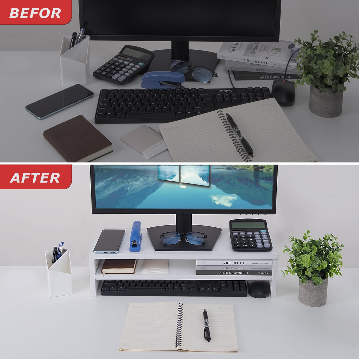 BEYGORM Monitor Stand Riser, White, 21.6 inch, 2 Tiers Wood Desk Shelf