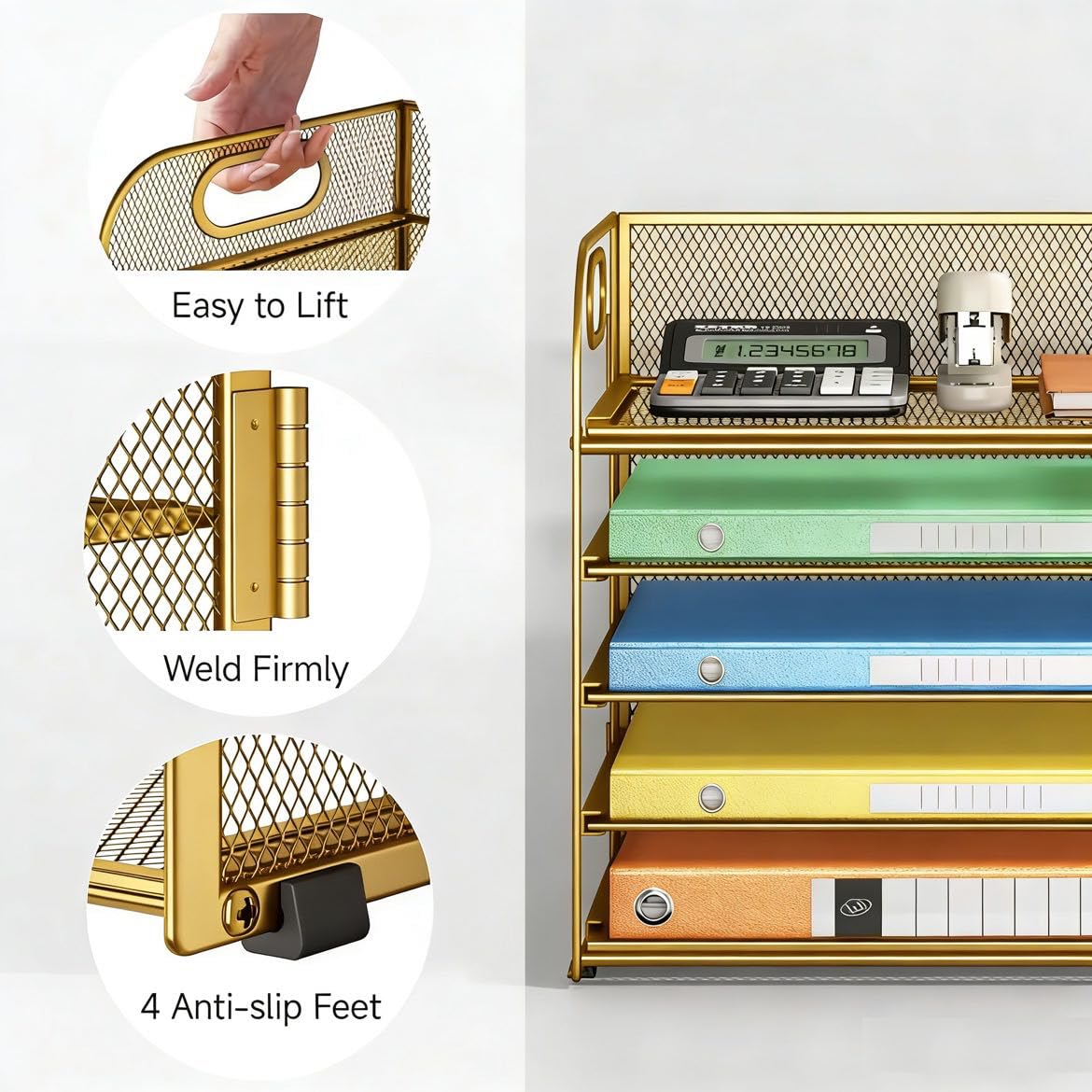 Lavatino Desk Paper Organizer Trays, Gold 5-Tier Mesh File Folder Sorter with Handles, Letter