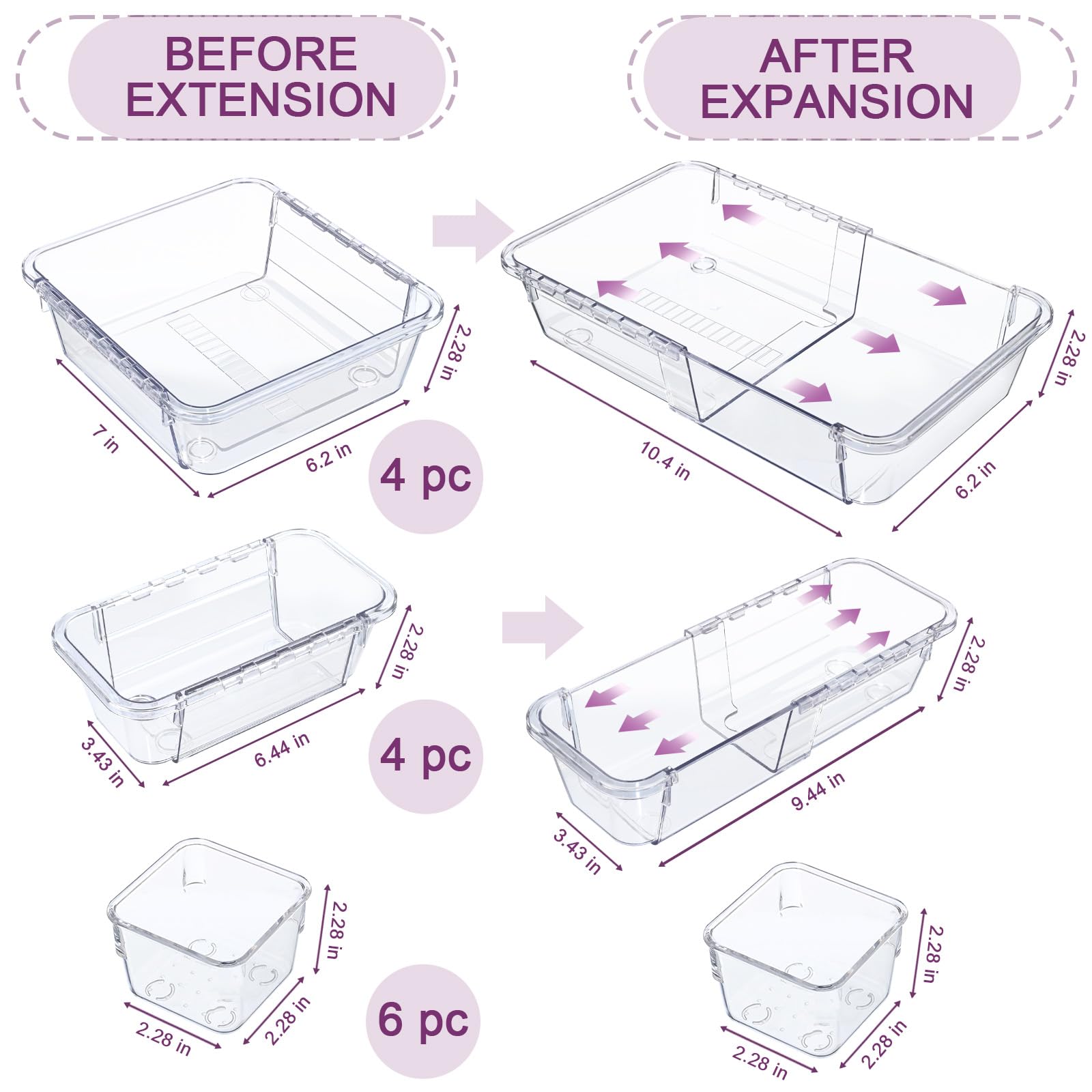 14 Pcs Adjustable Drawer Organizer, Clear Drawer Organizer Expendable