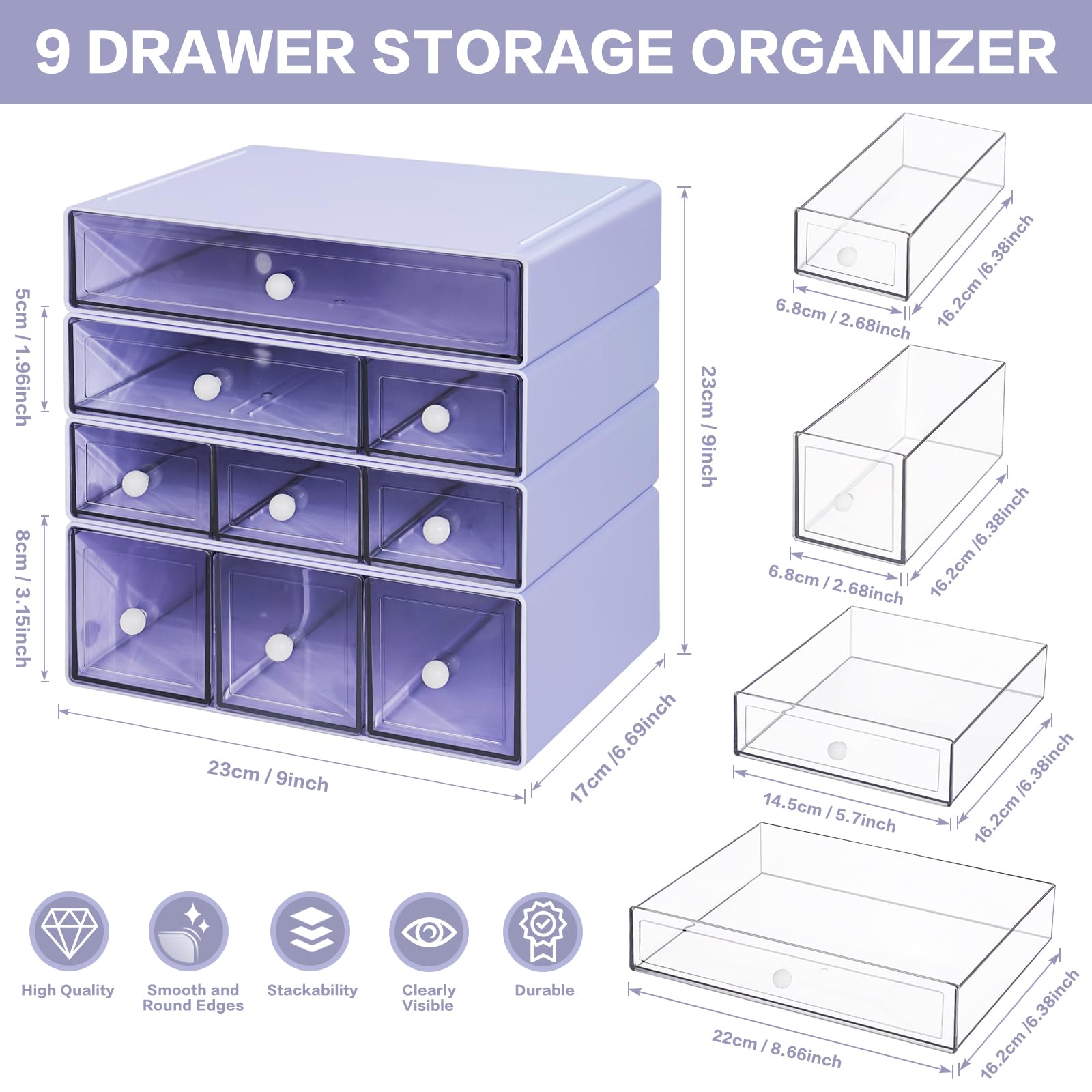 FODIENS Desk Storage Organizer with 9 Drawers, 4 Tiers Stackable Desktop Craft Storage Drawers