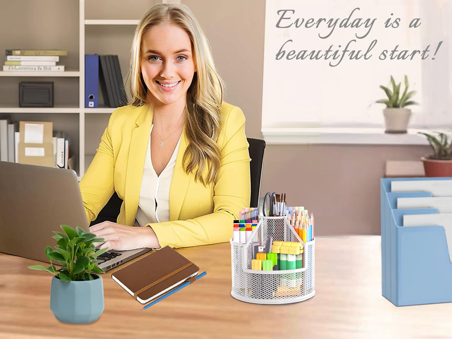 RURYEURT Sturdy Rotating Pen Holder, Cute Metal Pencil Holder, Large Mesh Pen Organizer for Desk