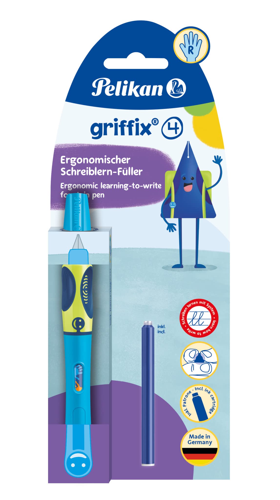 Pelikan Griffix Learner's Fountain Pen for Right-Handed Users, Neon Fresh Blue, Pack of 1 on