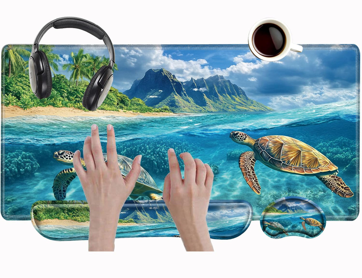 Sea Turtle Mouse Pad and Keyboard Wrist Rest Large Desk Mat Set Gaming Mousepad with Wrist Support