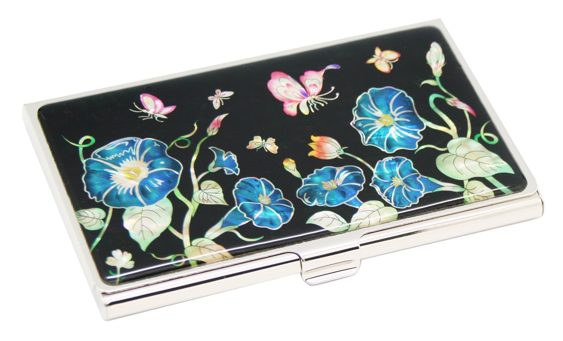 Antique Alive Mother of Pearl Blue Morning Glory Flower Design Metal Business Credit Name Id Card