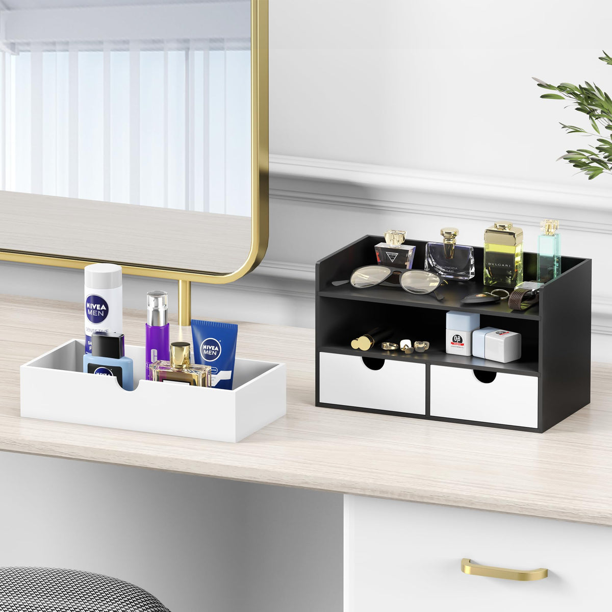 Bamboo Desk Organizer with Drawers, Desktop Storage for Office Supplies