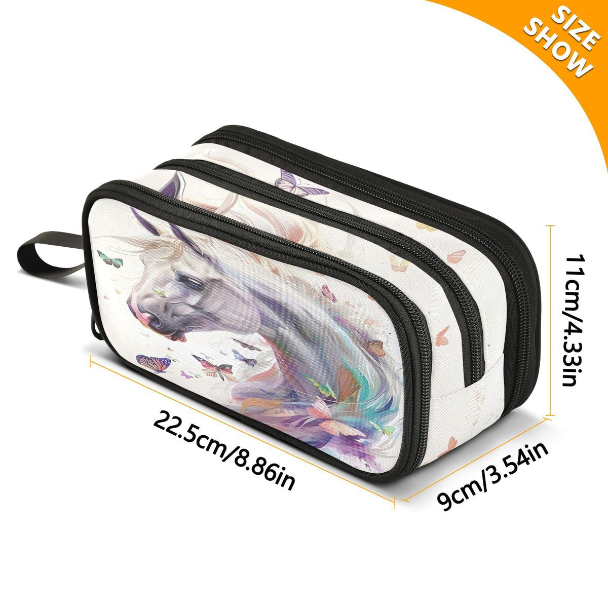 BOENLE White Horse Butterflies Pencil Case Box Boys Girls Large Pencil Pouch with Zipper