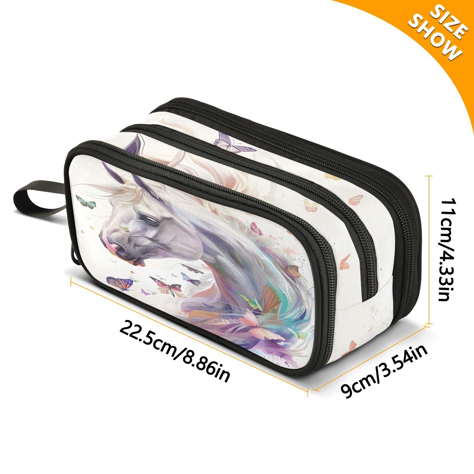 BOENLE White Horse Butterflies Pencil Case Box Boys Girls Large Pencil Pouch with Zipper