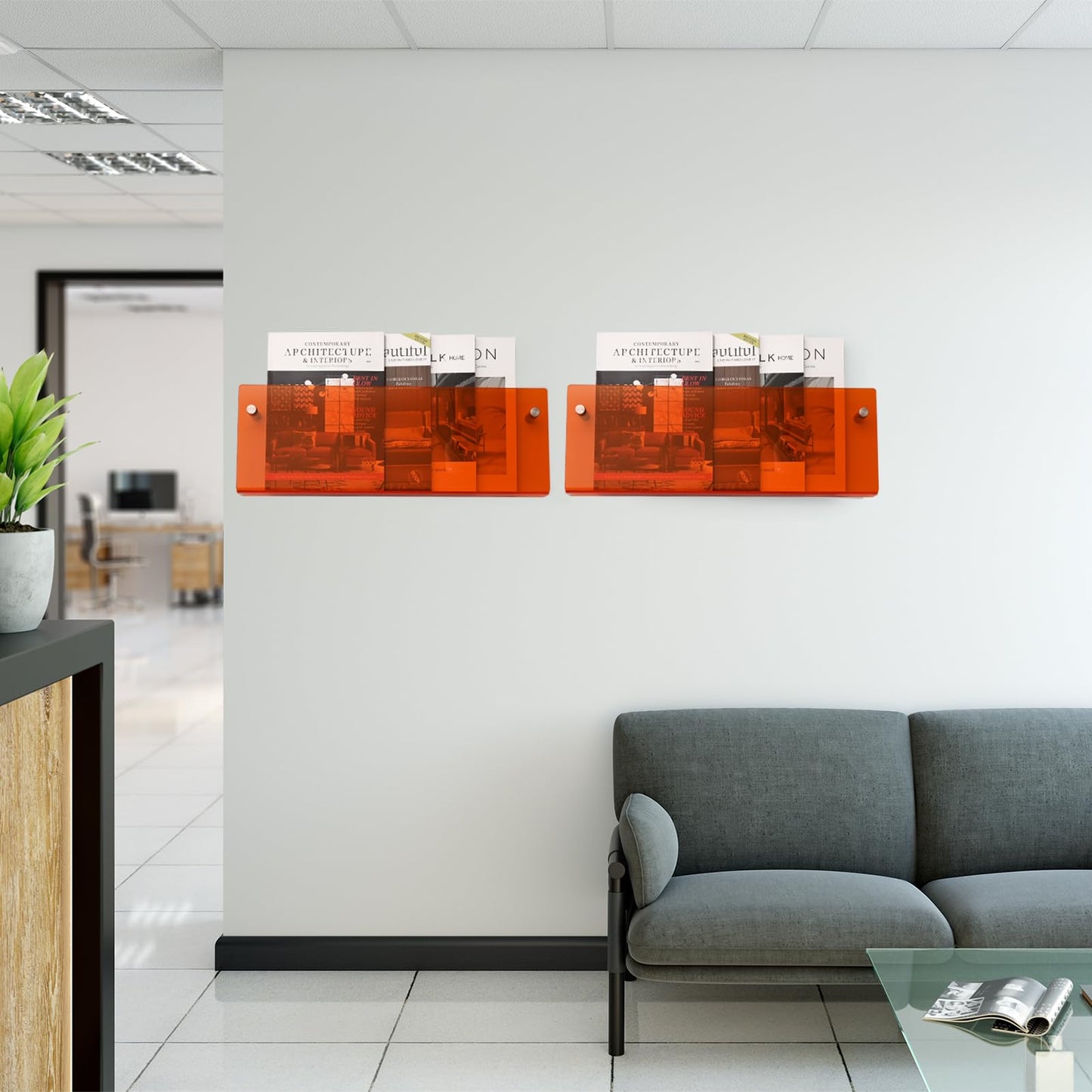 XOHYW 2 Pack Orange Acrylic Magazine Holder, Wall Mount Hanging Bookshelf Literature Storage Rack