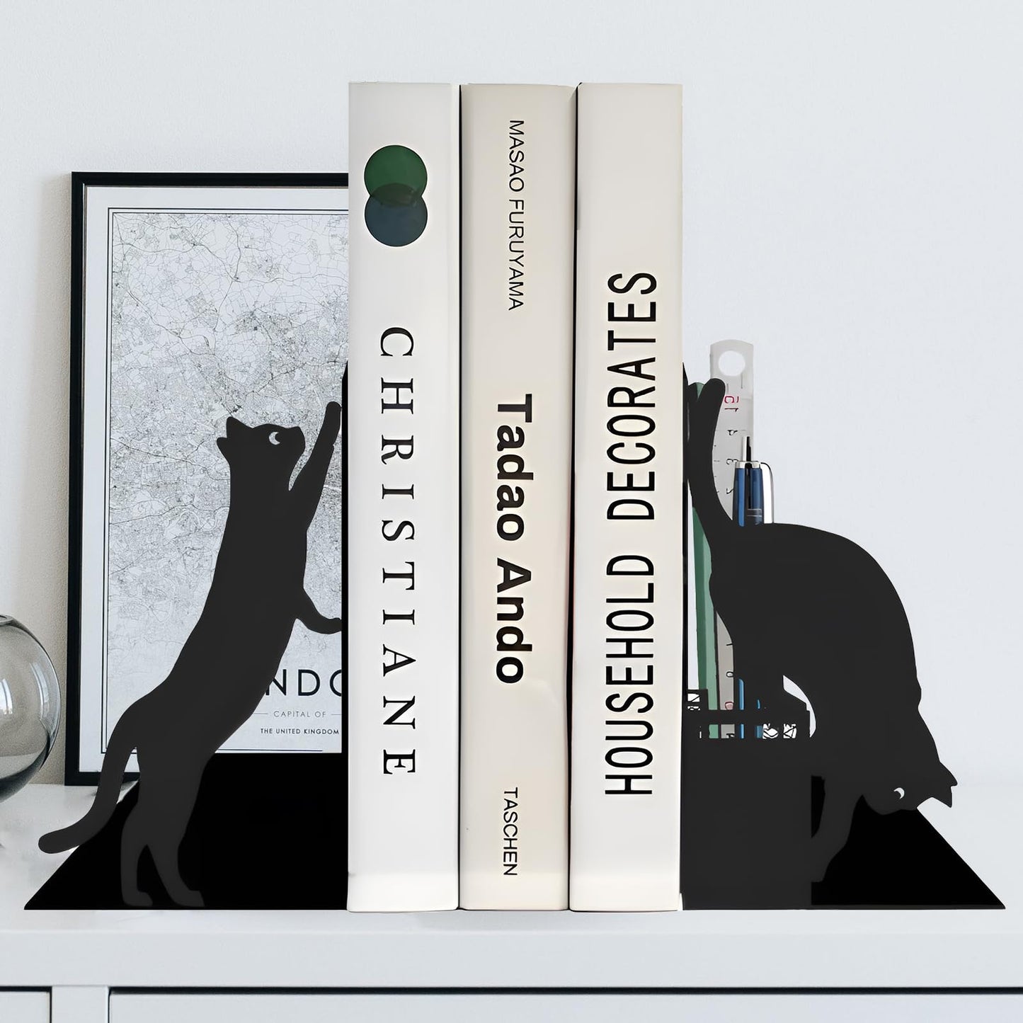 Cat Metal Bookends with Pen Holder, Cute Book Ends for Shelves Decorative
